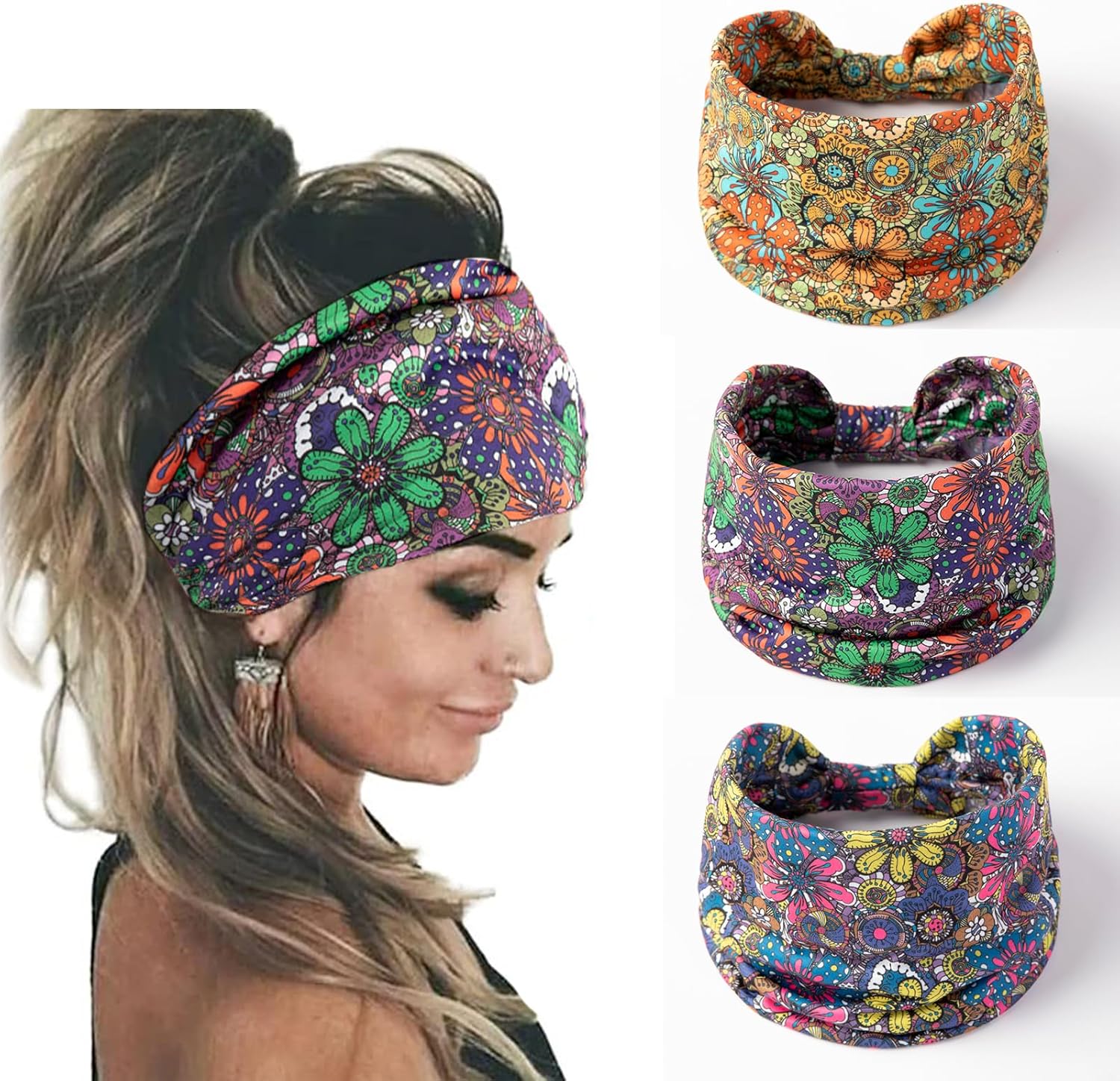 Headbands For Women Fashion Wide Headband Yoga Workout Daily Head Bands Hair Accessories Band 3 Pack,Daisy
