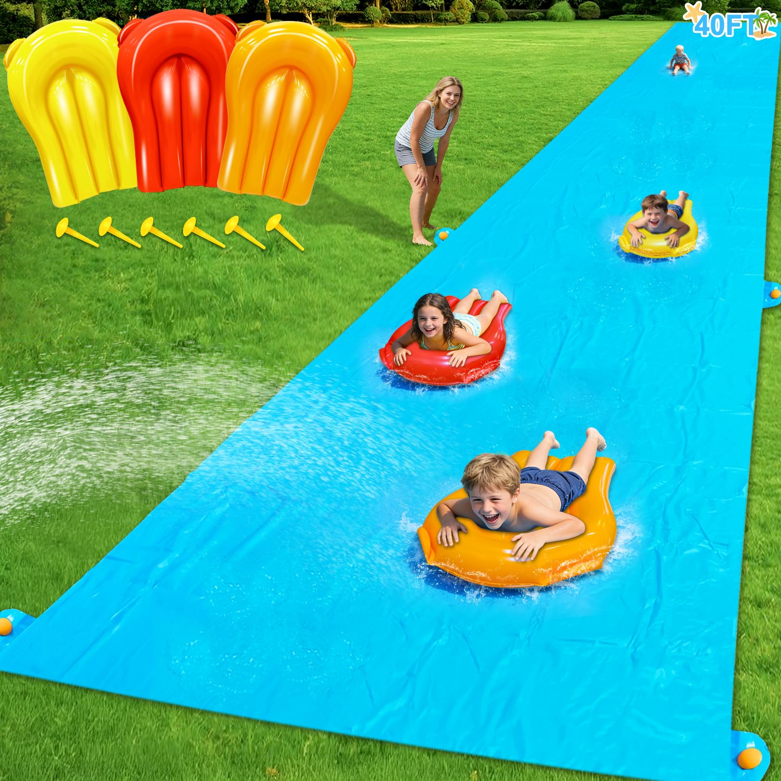 Photo 1 of ***FACTORY SEALED ***
40 FT X 7FT Extra Long n Width Slip Water Slide, Heavy Duty Lawn Water Slides and 3 Bodyboards 6 Stakes, Summer Outdoor Water Toys for Kids Teens and Adults Backyard Beach Swimming Pool Party