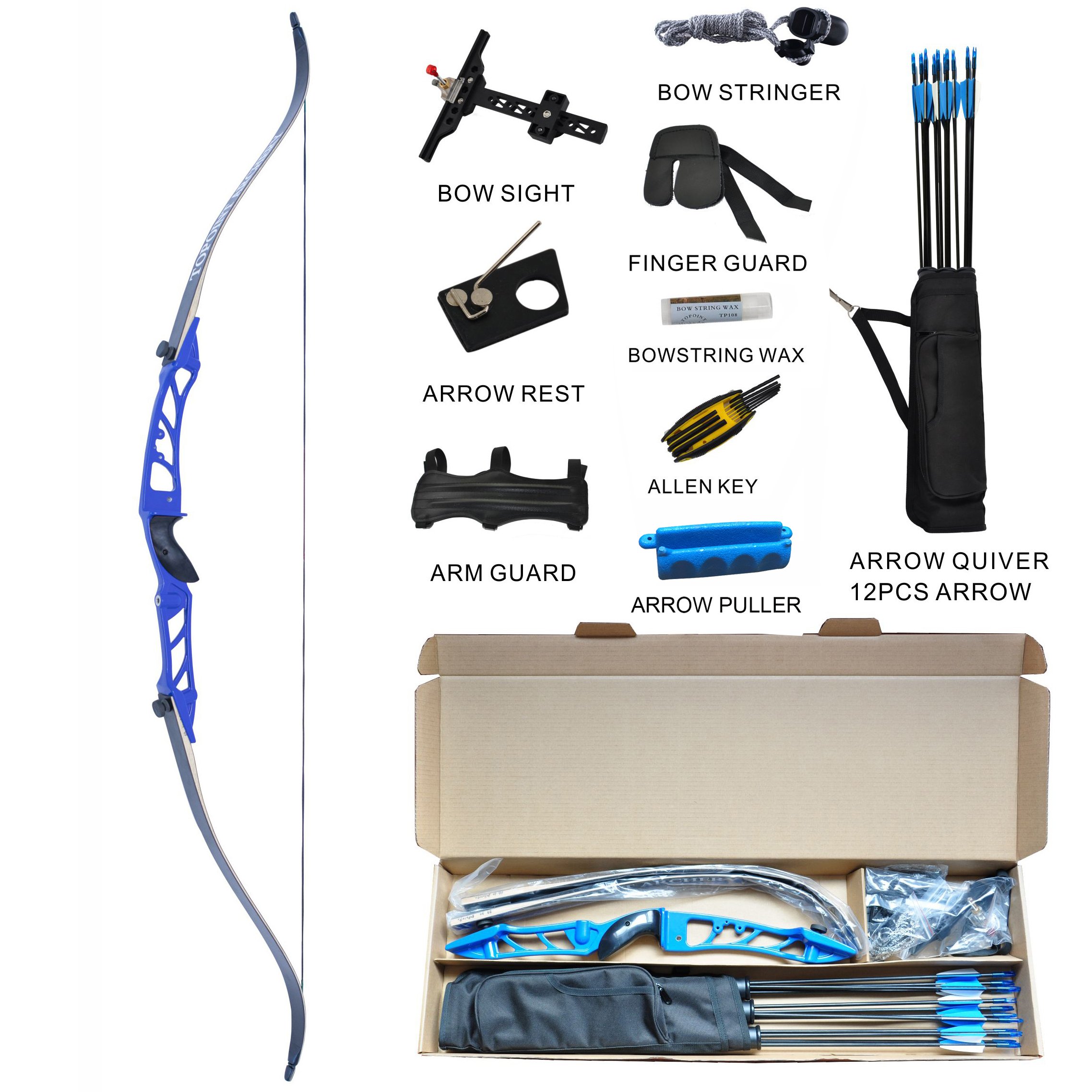 TOPOINT ARCHERY Competition Takedown Recurve Bow Package R2 Ready to Shoot Archery Set for Bow Hunting Via Express Service Delivered Within 7Days (Blue, Draw Weight 24LBS)