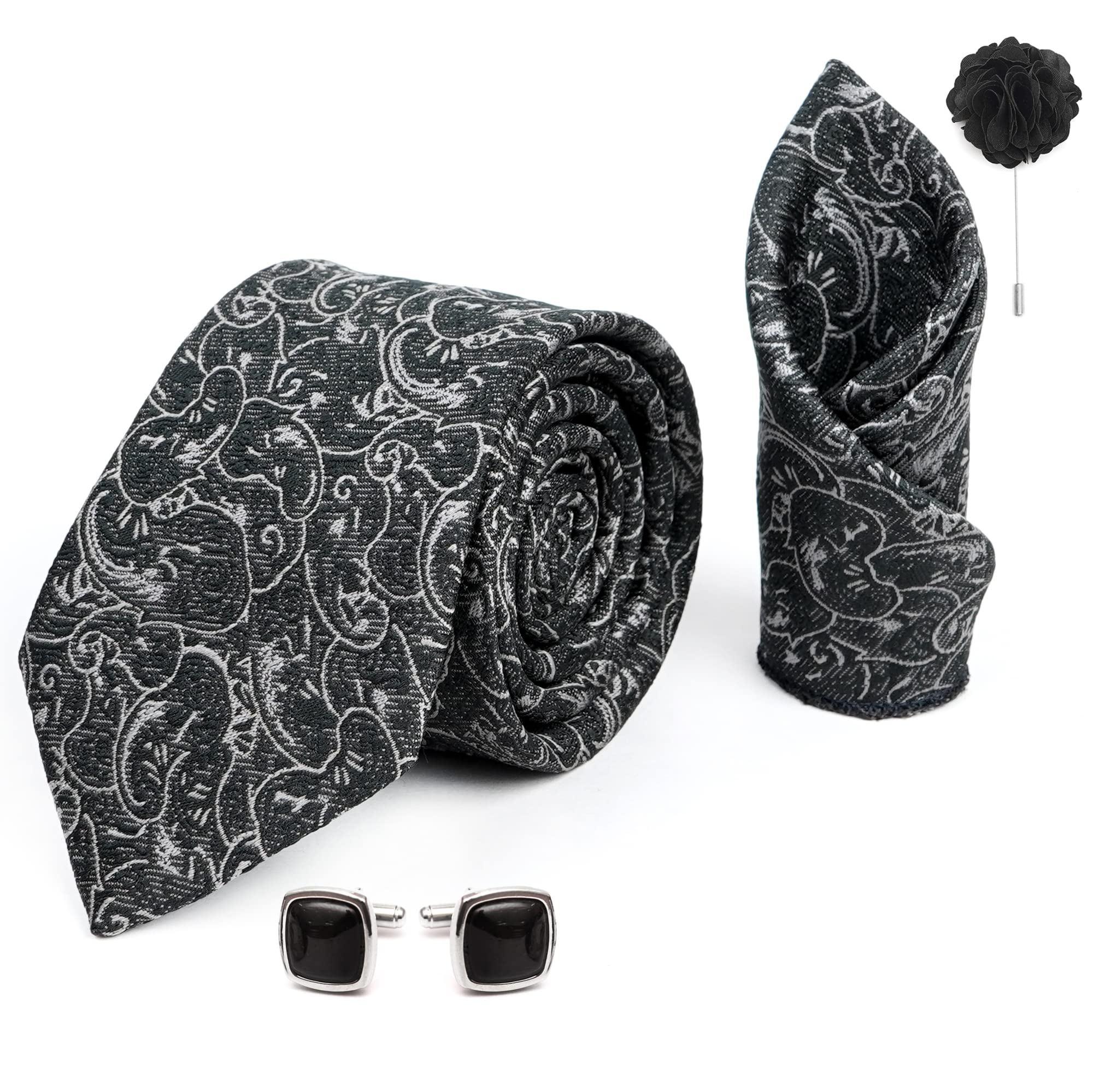 rizoro Mens Plaid Pasiley Silk Necktie Gift Set With Pocket Square Cufflinks & Brooch Pin Formal Tie With Leatherite Box (PARRX Free Size) | (Leather Gift Box) (Pack of 4)-picture-29