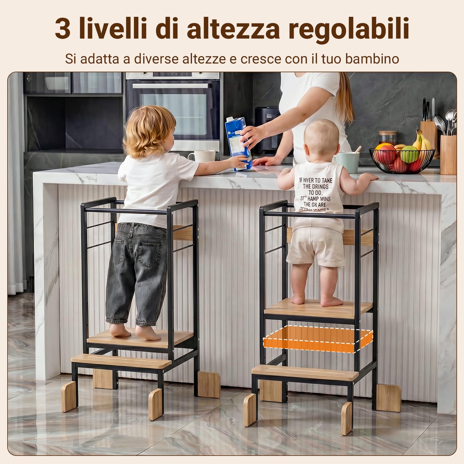 COSYLAND Torre Educativa Bambini, 18 mesi-6 anni, L, Nero Naturale | Piattaforma regolabile che cresce con il bambino, gradini antiscivolo, adatta da 18 mesi-6 anni