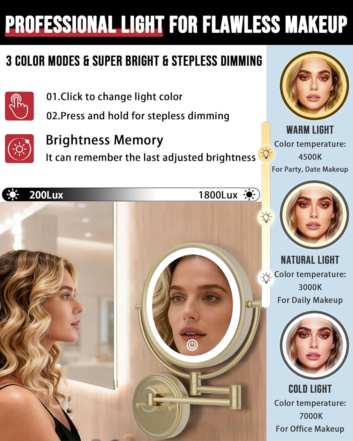 10" Wall Mount Magnifying Mirror with Light Gold, Rechargeable 1X/5X Double-Sided 3 Color Touch Dimmable Extended Swing Arm 360 Rotation Vanity Mirror for Bathroom, Satin Brushed Gold