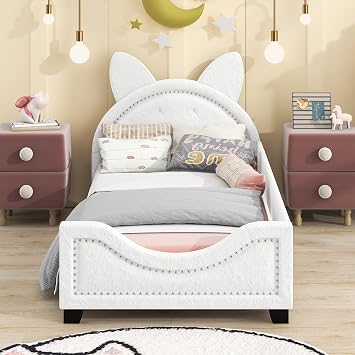 Teddy Velvet Upholstered Daybed with Carton Ears Shaped Headboard for Kids Teens, Twin Size Low Captains Sofa Bed Platform Frame for Boys&Girls Bedroom Living Room White-Rabbit