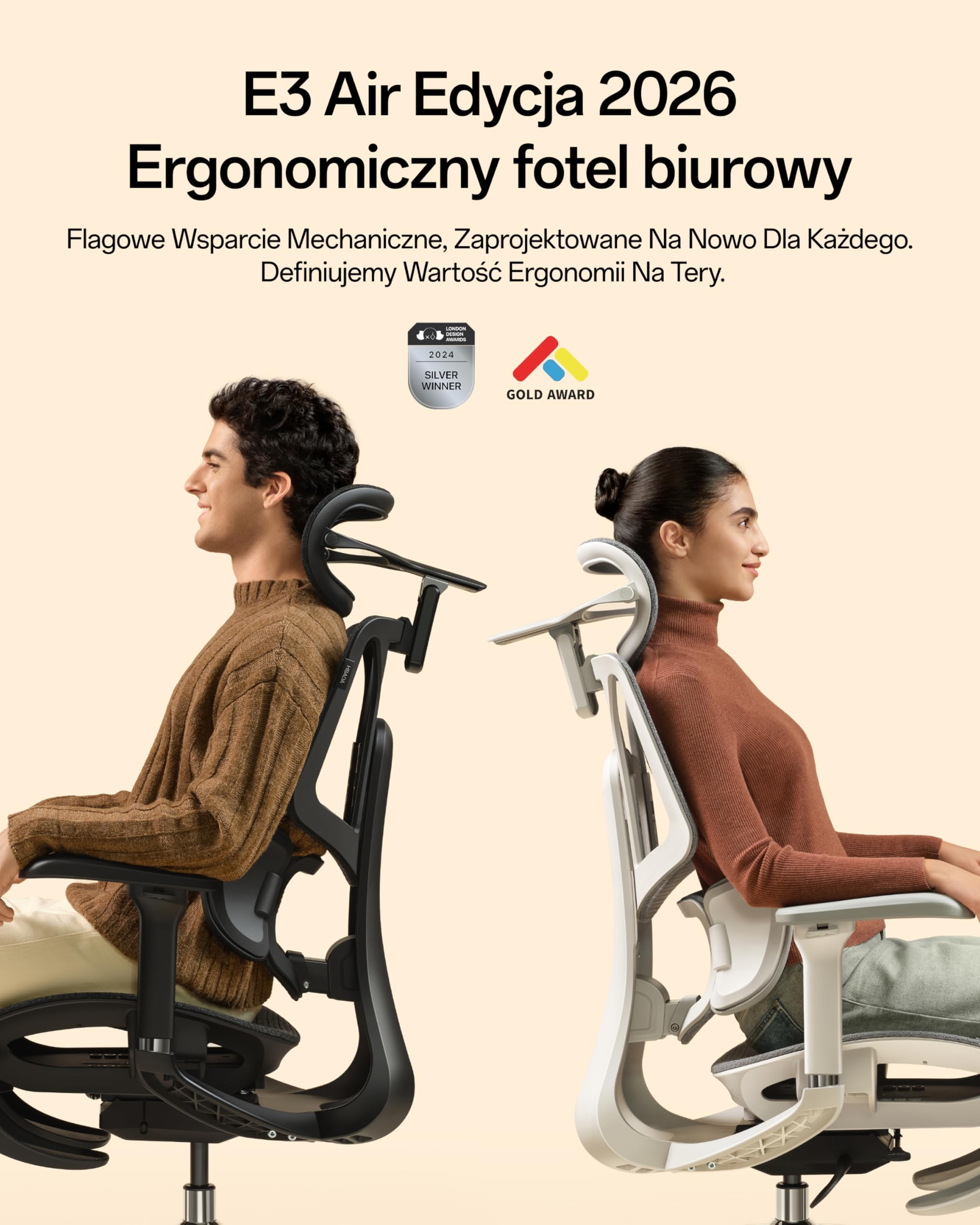 Hbada E3 Air Edycja 2026 Ergonomiczne Krzesło Biurowe, 3-strefowe Wsparcie Lędźwiowe, Wygodny Fotel, Automatyczne Dopasowanie do Wagi, Zagłówek i Podłokietniki 4D, Nachylenie 140°, Czarne, Podnóżek