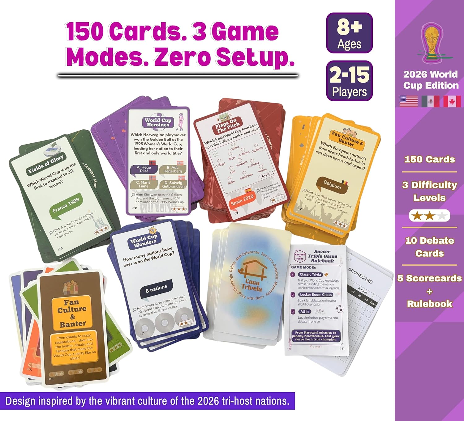 World Cup 2026 Soccer Trivia Card Game – Nations & Icons | 150 Cards, 5 Categories + 10 Debate Cards | 2–15 Players | Soccer Gift for Fans | Kids 8+ & Adults | Watch Party & Game Night