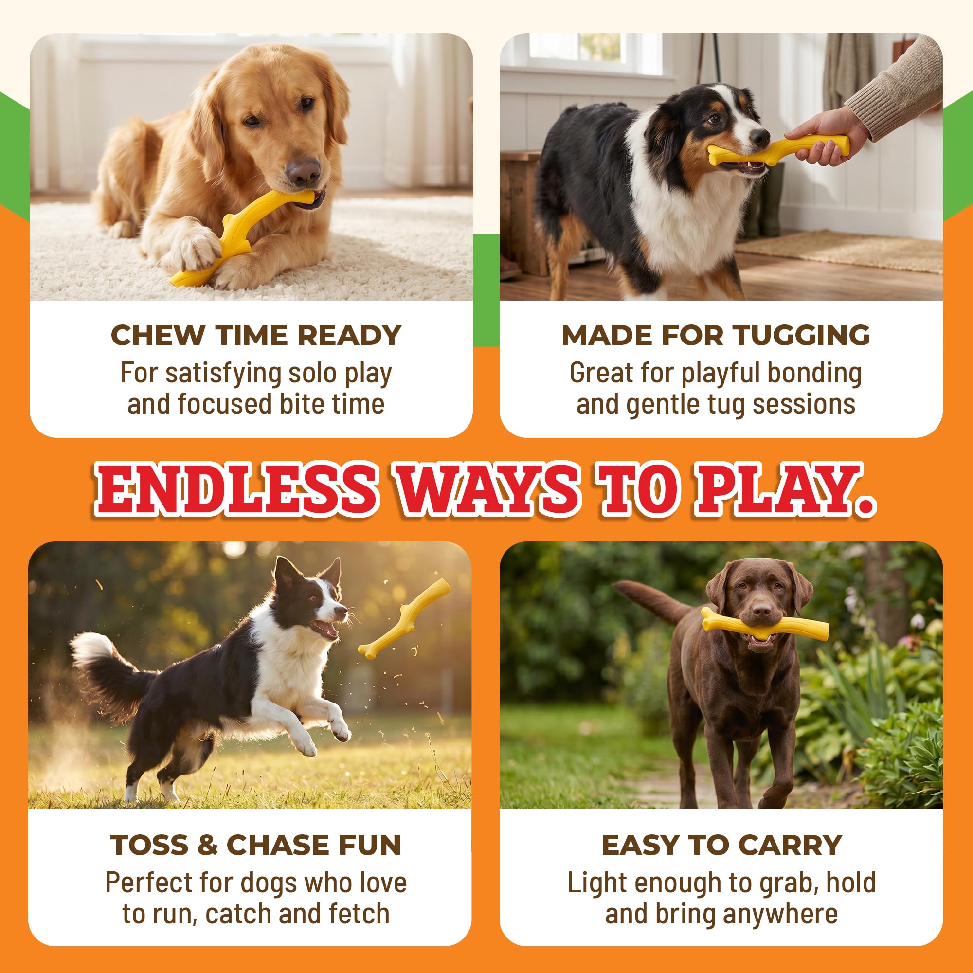 Baba Buddies Juguetes de goma natural para perros masticadores agresivos, juguete chirriante con sabor a pollo, forma de rama duradera, juguete interactivo para perros grandes y medianos, juguete