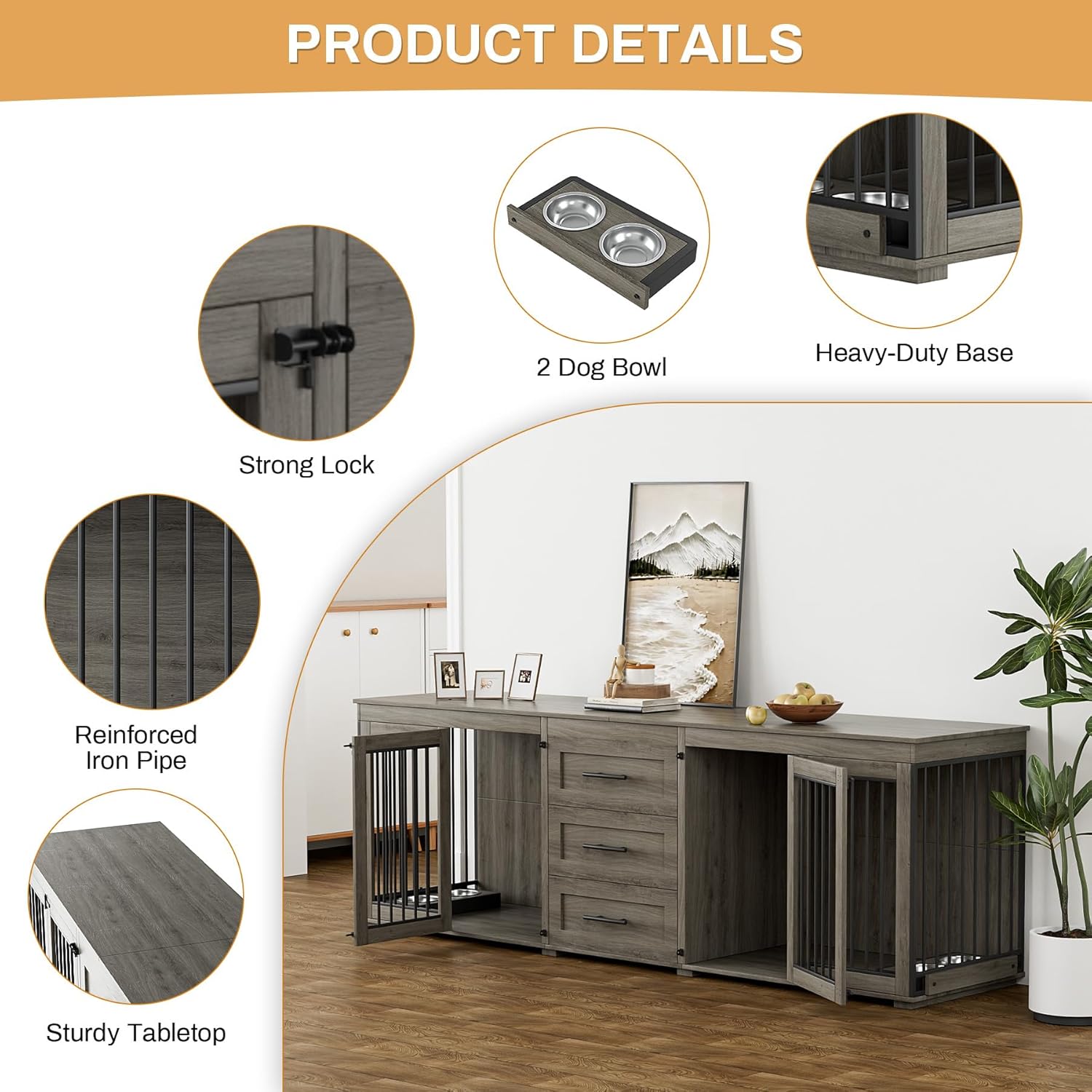 OUYESSIR 94.5" Large Dog Crate Furniture for 2 Dogs, Double Wooden Dog Kennel Furniture with 4 Dog Bowls & 3 Drawers, Heavy Duty Indoor Furniture Style Dog Cage TV Stand/Table/House, Grey