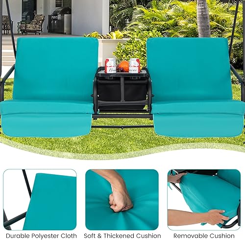 Miniatura 6 de Tangkula Columpio de porche para 2 personas, columpio al aire libre con mesa de almacenamiento pivotante, bolsa refrigerante, 2 soportes para tazas,