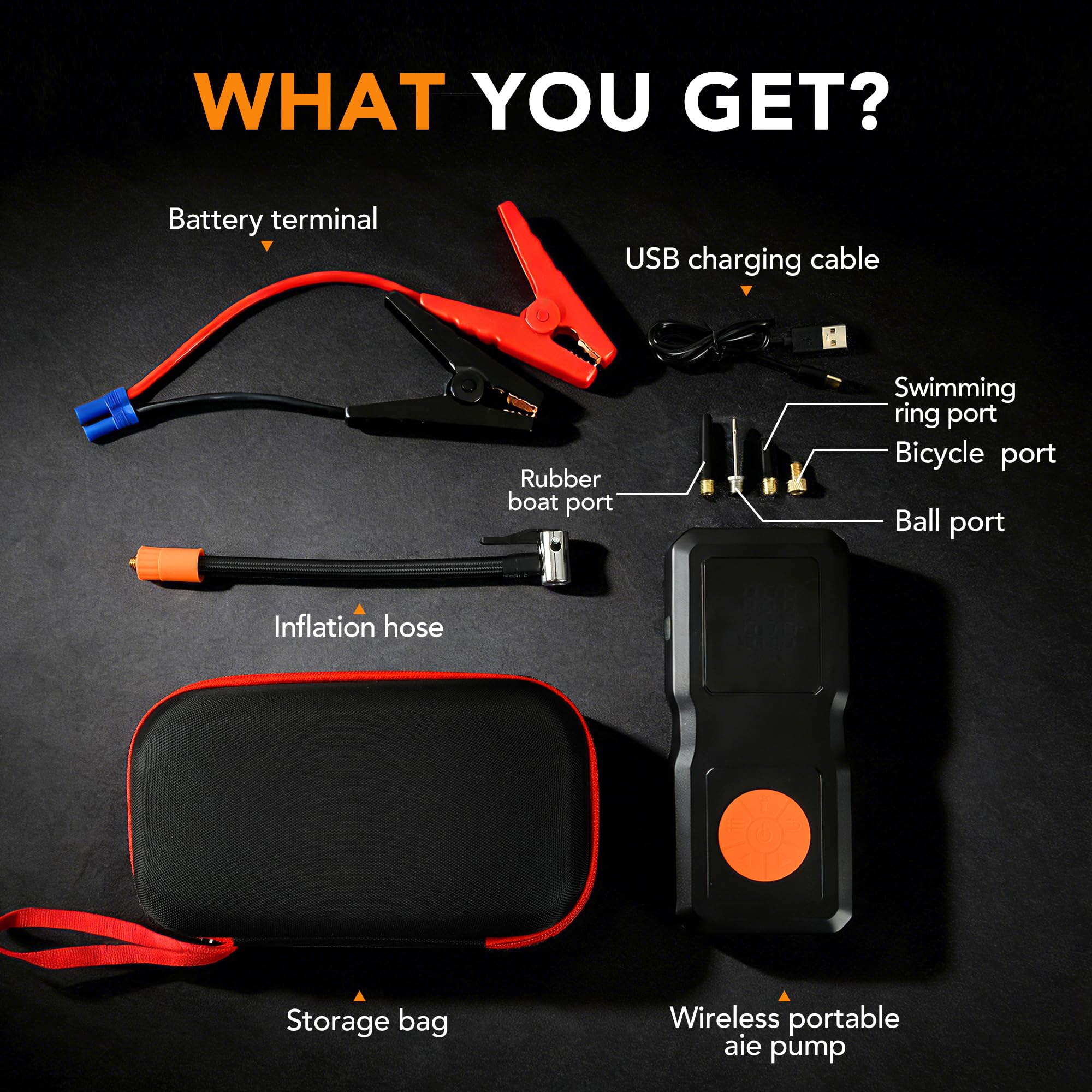 Démarreur de batterie de voiture avec compresseur d'air, kit de démarrage portable adapté aux véhicules à essence et diesel de 1,5 à 8 L (toutes les batteries 12 V), gonflage rapide des pneus et