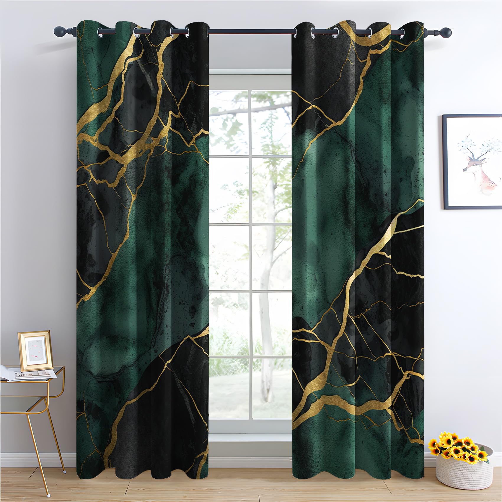 QEODAH Marble Blackout Curtains for Bedroom - Emerald Green and Gold Modern Luxury Living Room Curtains 66x72 Eyelet - Soft Thermal Insulated Patterned Drapes for Windows - 2 Panels