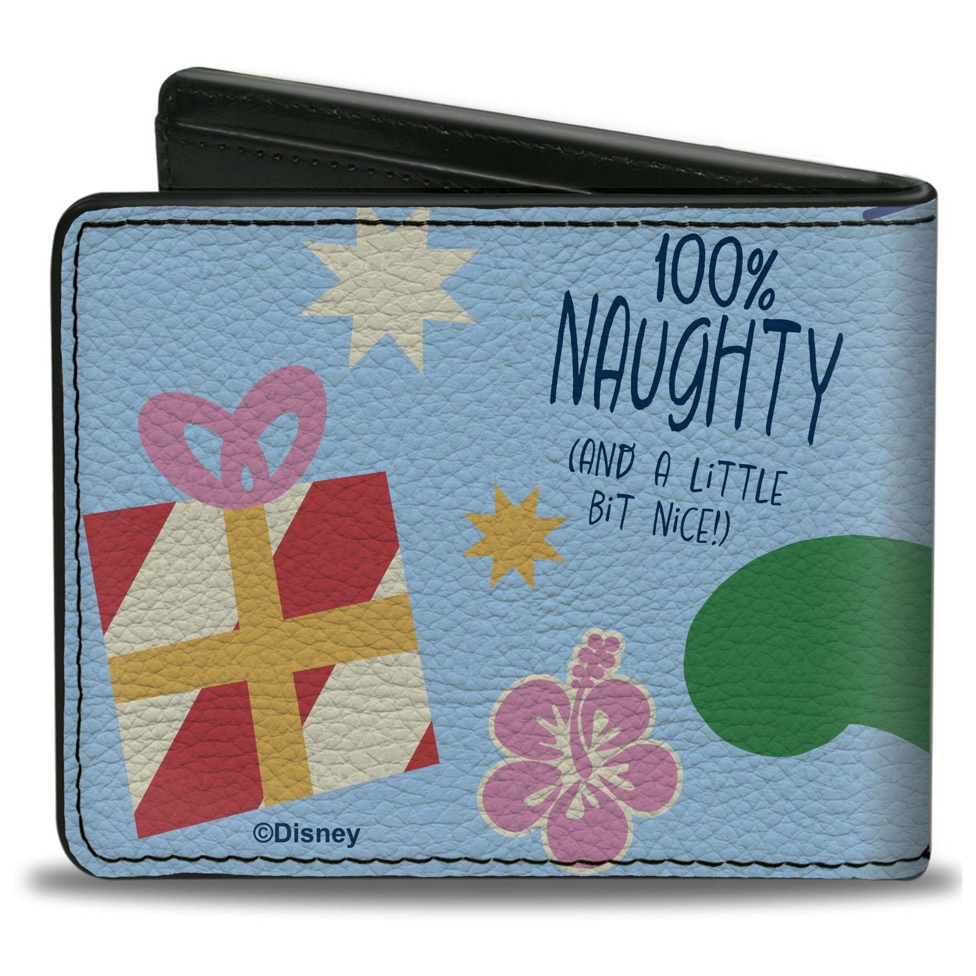Buckle-Down Disney Wallet, Bifold, Lilo and Stitch Reindeer Stitch 100% Naughty Holiday Blue, Vegan Leather