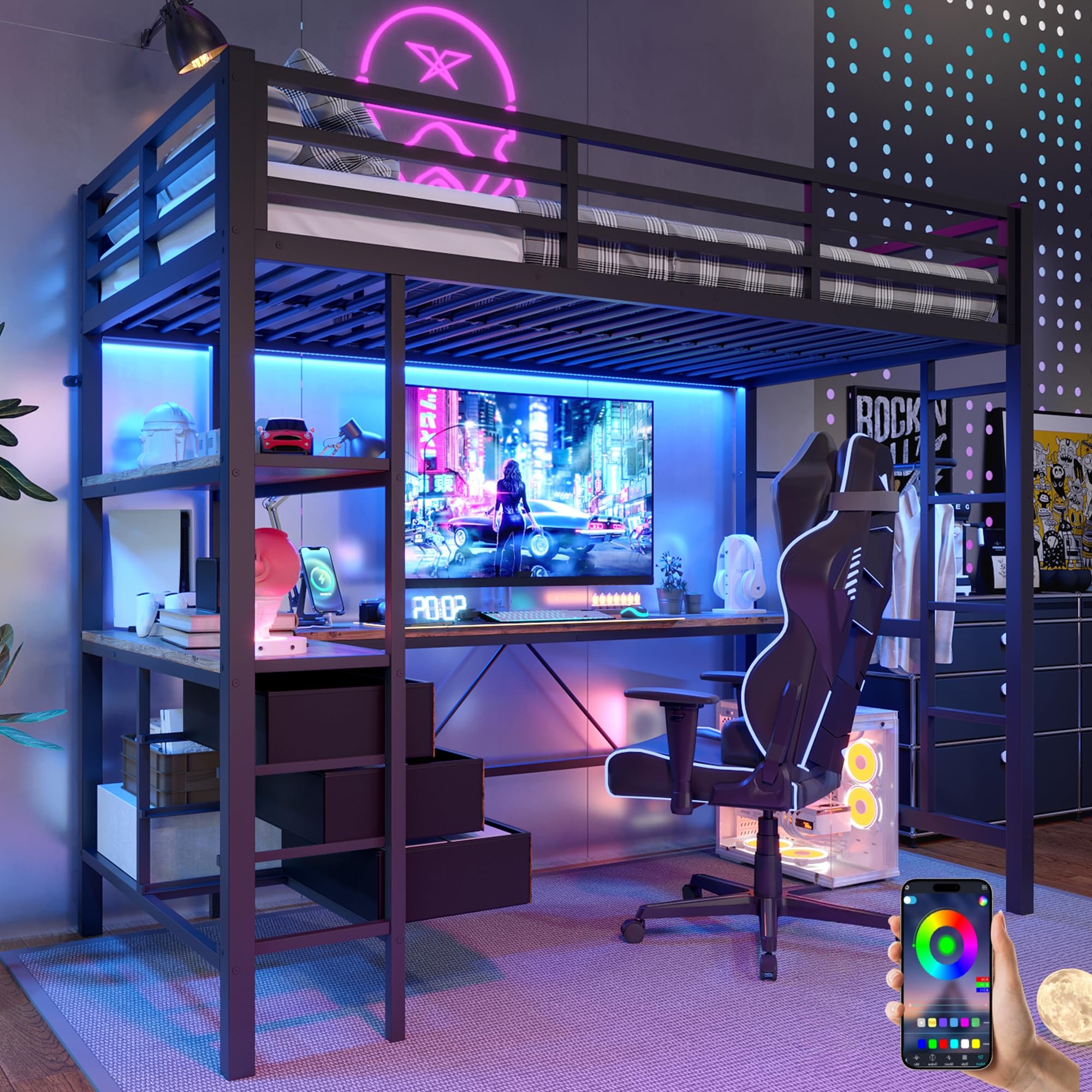 Sapgaks Lit Mezzanine Enfant 90x200cm avec éclairage LED et Bureau et Prise + USB,lit Mezzanine 1 Place avec 3 tiroirs,lit superposé Adulte étagères,Rampe,escalier,sans Matelas (Black 90 * 200cm)
