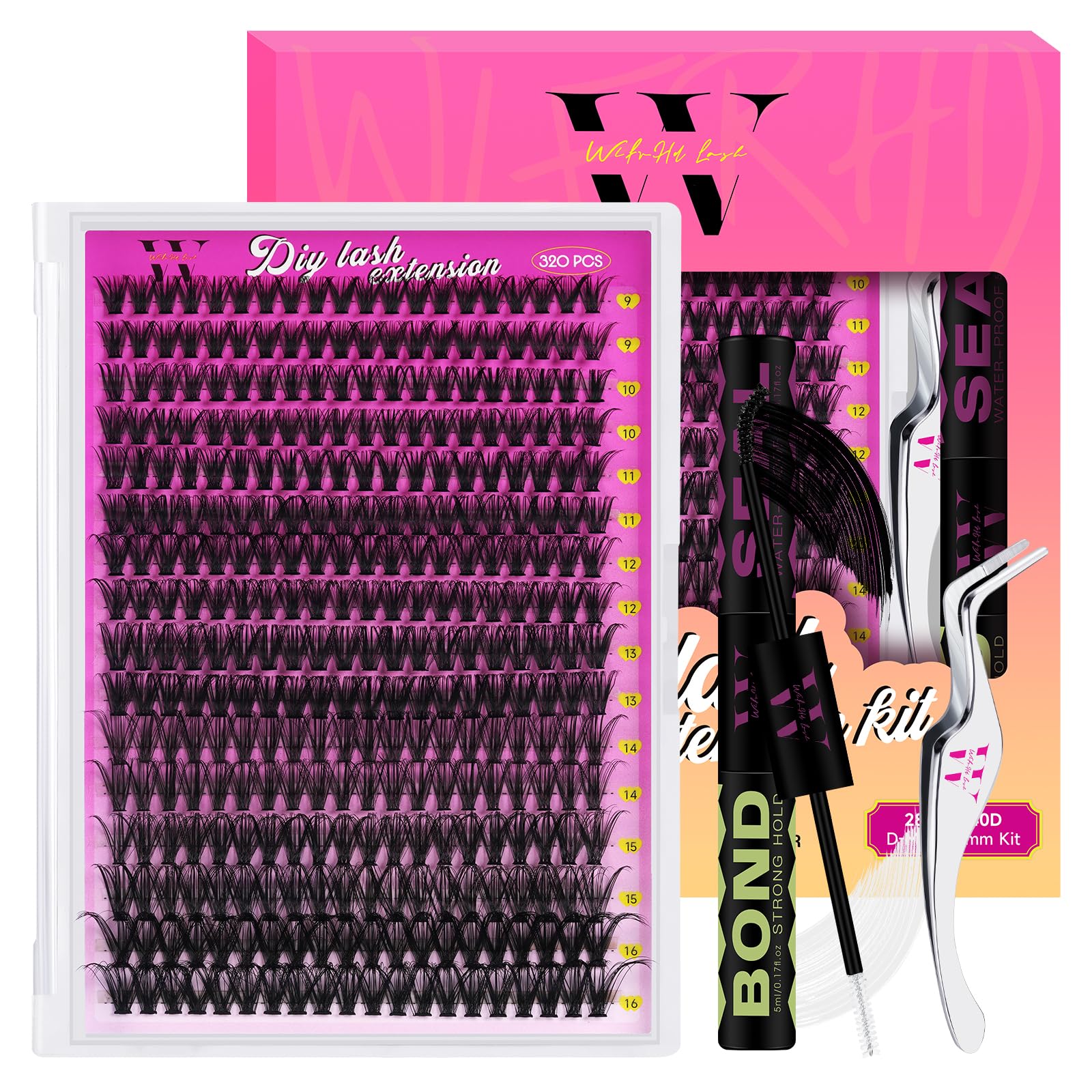 Cluster Lashes Kit 320PCS Eyelash Clusters 40D DIY Eyelash Extension Kits Individual Lash Clusters Natural Lash Extensoin Kits with Bond and Seal, EyelashTweezers(D-Mix9-16mm|set)