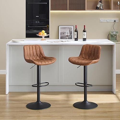 Miniatura 7 de Juego de 2 taburetes de bar giratorios, taburetes de bar de altura de mostrador marrón con respaldo, taburete de bar ajustable de 25 a 33 pulgadas,