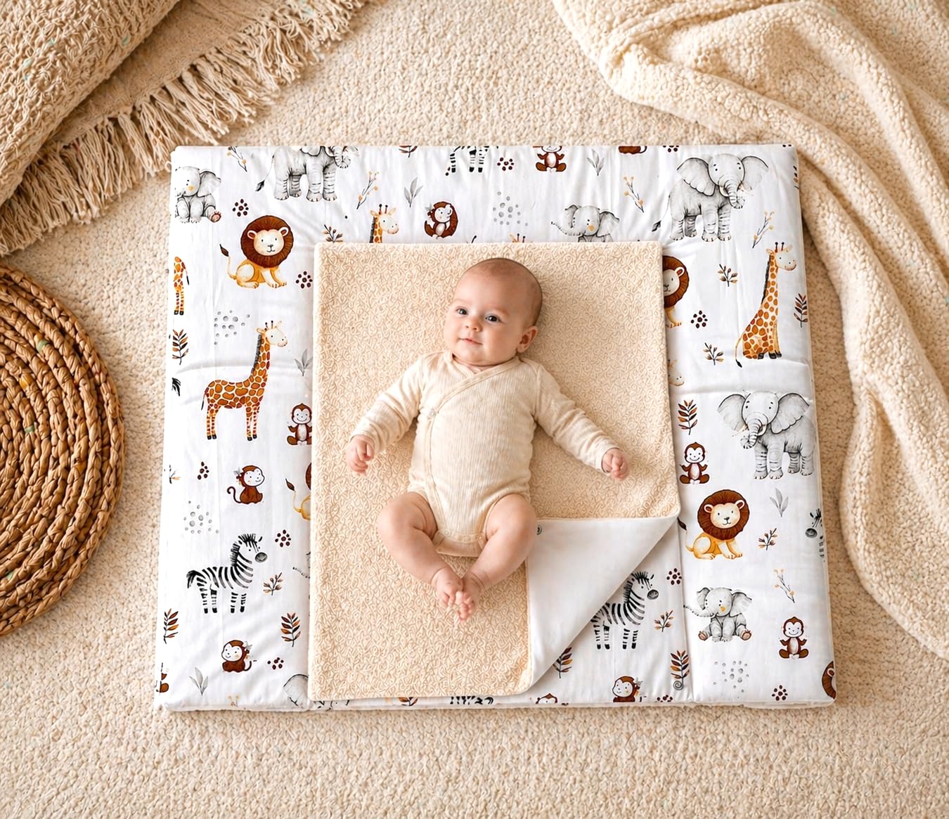 Wickelauflage mit 2 wasserfesten Frotteebezügen – 3-teiliges Set mit Druckknöpfen – Baby Wickelunterlage - Wickeltischauflage aus Baumwolle – 85x75 cm (Breite x Tiefe), ZOO