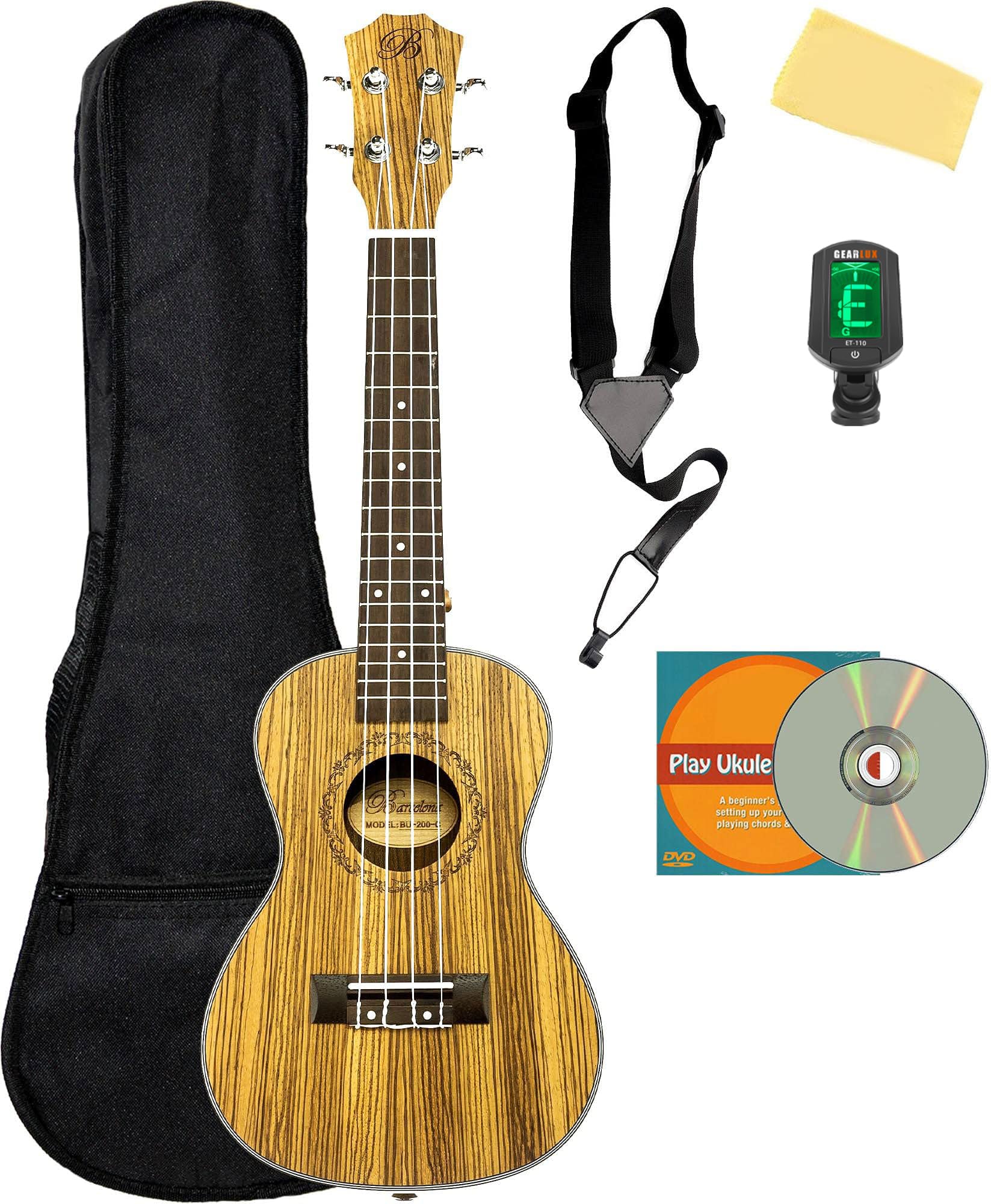 Amazon.com: Barcelona Zebra Wood Concert Ukulele Bundle with Gig