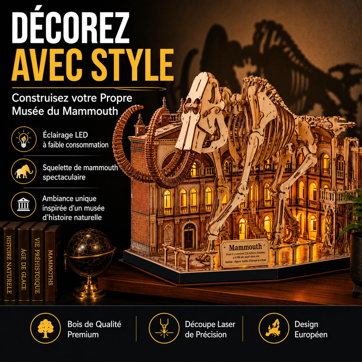 Puzzle 3D Bois Mammouth Museum LED | Puzzle 3D Squelette Préhistorique à Construire avec Lumière | Maquette en Bois DIY 464 Pièces | Construction Adulte et Enfant | Casse-Tête 3D Décoratif