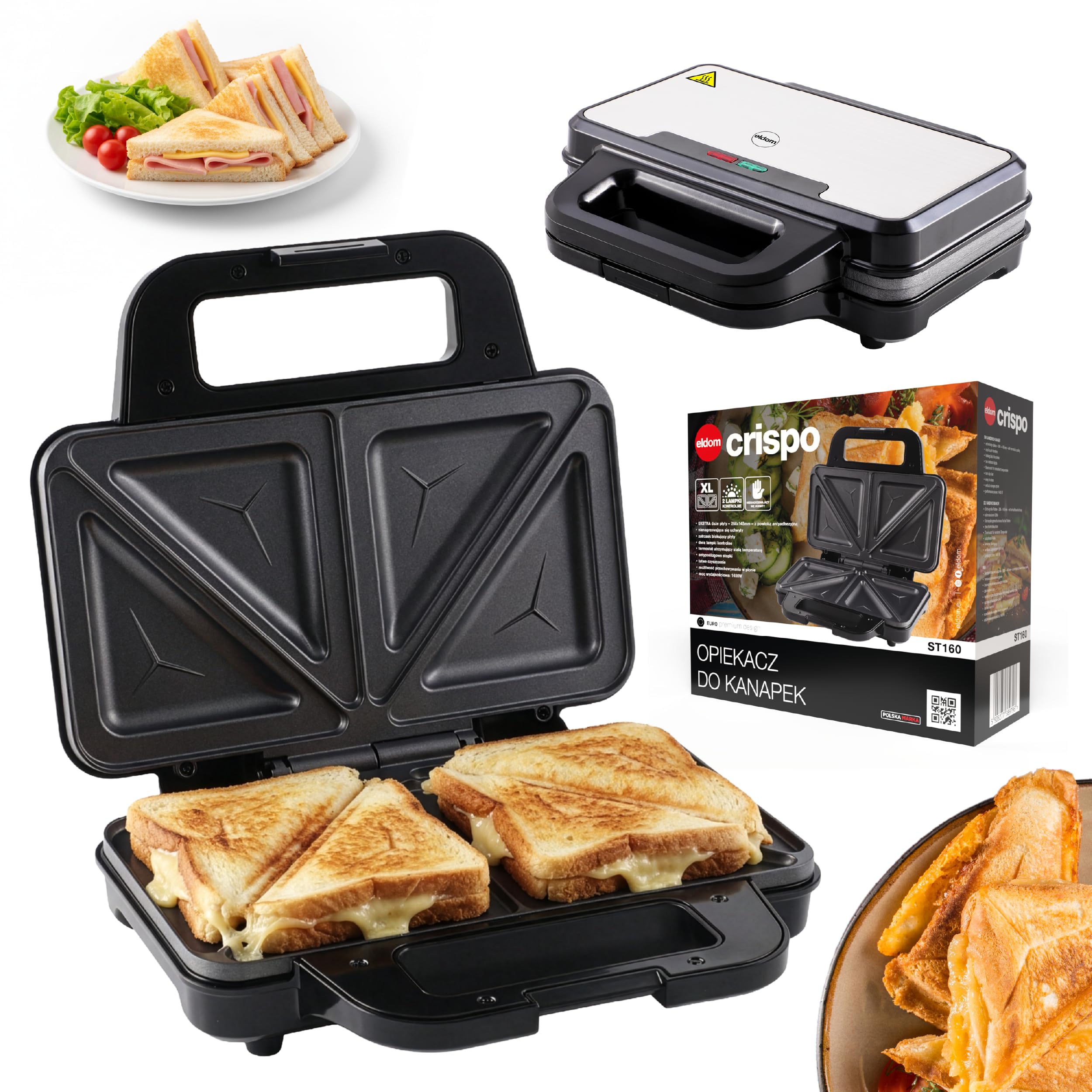 Sandwichera de 900 W, con placas antiadherentes extragrandes, 268 x 145 mm, para 2 sándwiches, almacenamiento vertical, pies antideslizantes, ST160 Eldom
