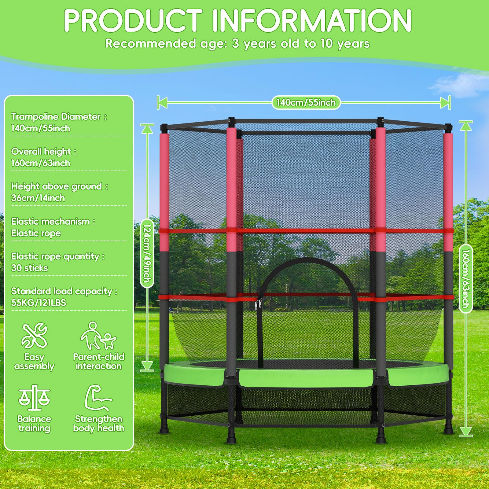 Trampolino Elastico Bambino in Acciaio,3-6 Anni con Rete di Protezione, 6 Colonne e Ingressi, 140cm Con Molle, Rete Di Sicurezza Rialzata - Regali Di Compleanno Per Bambini e Bambine, Regali Di Natale