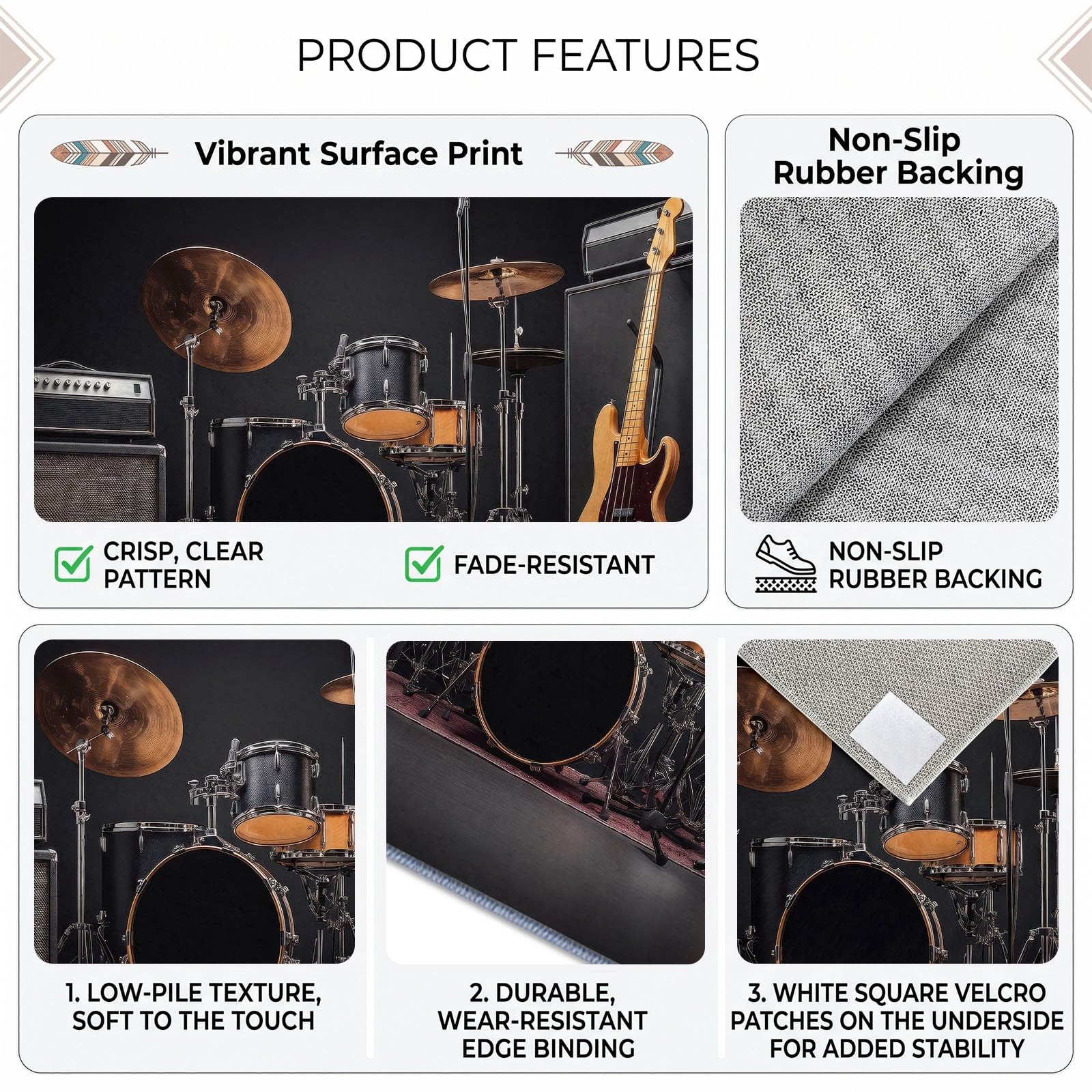 Générique Batterie, Basse Tapis de Salon Lavable 160x230 cm，Lavable Noir, Musique - Antidérapant et Lavable en Machine - Poils Courts - Douce - pour Salon, Chambre ou Bureau