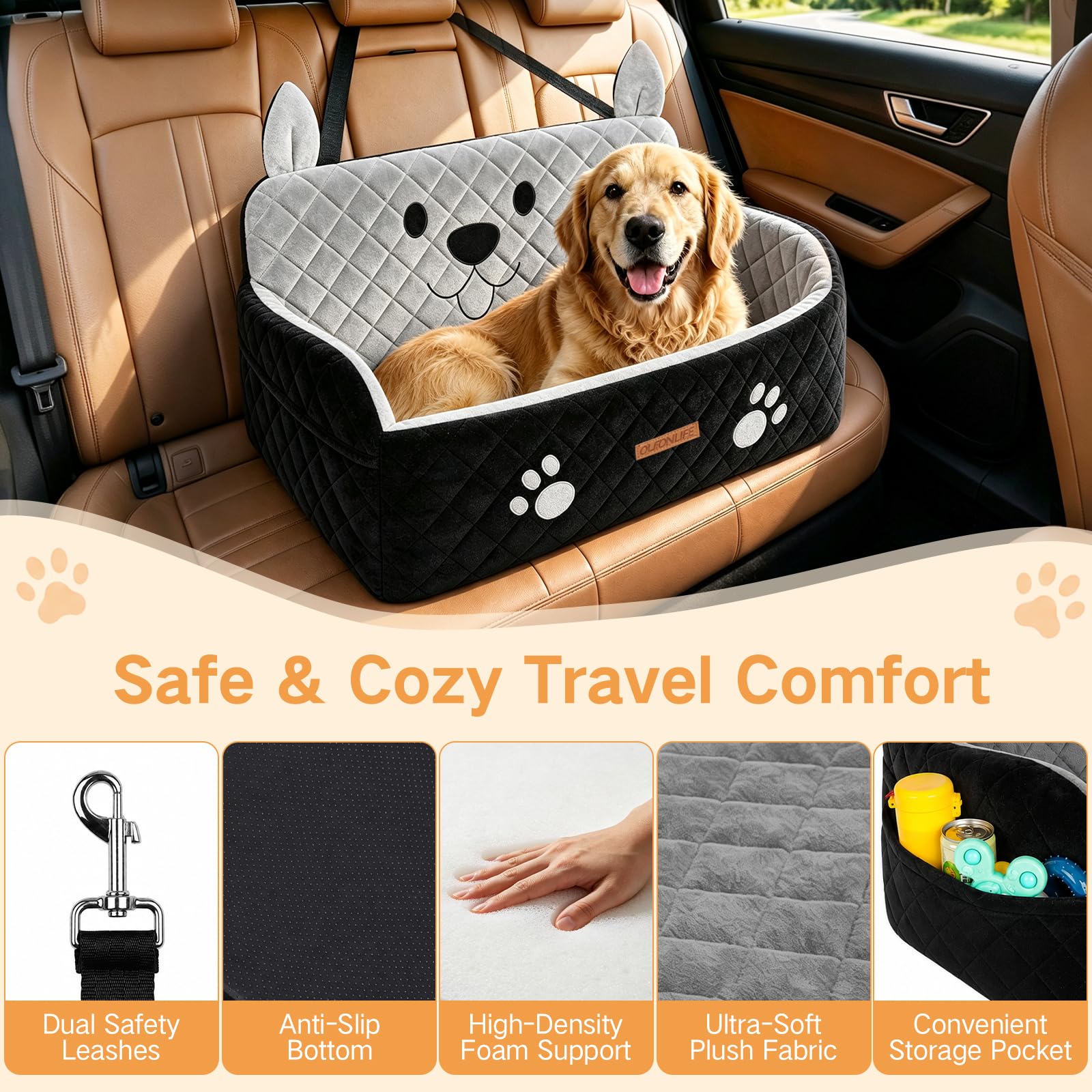 Siège Auto Grand Chien Jusqu’à 25 kg ou 2 Petits Chiens | Mousse Haute Densité, Peluche Ultra-Douce, Housse Amovible Lavable, 2 Sangles de Sécurité et Poches, pour Banquette Arrière
