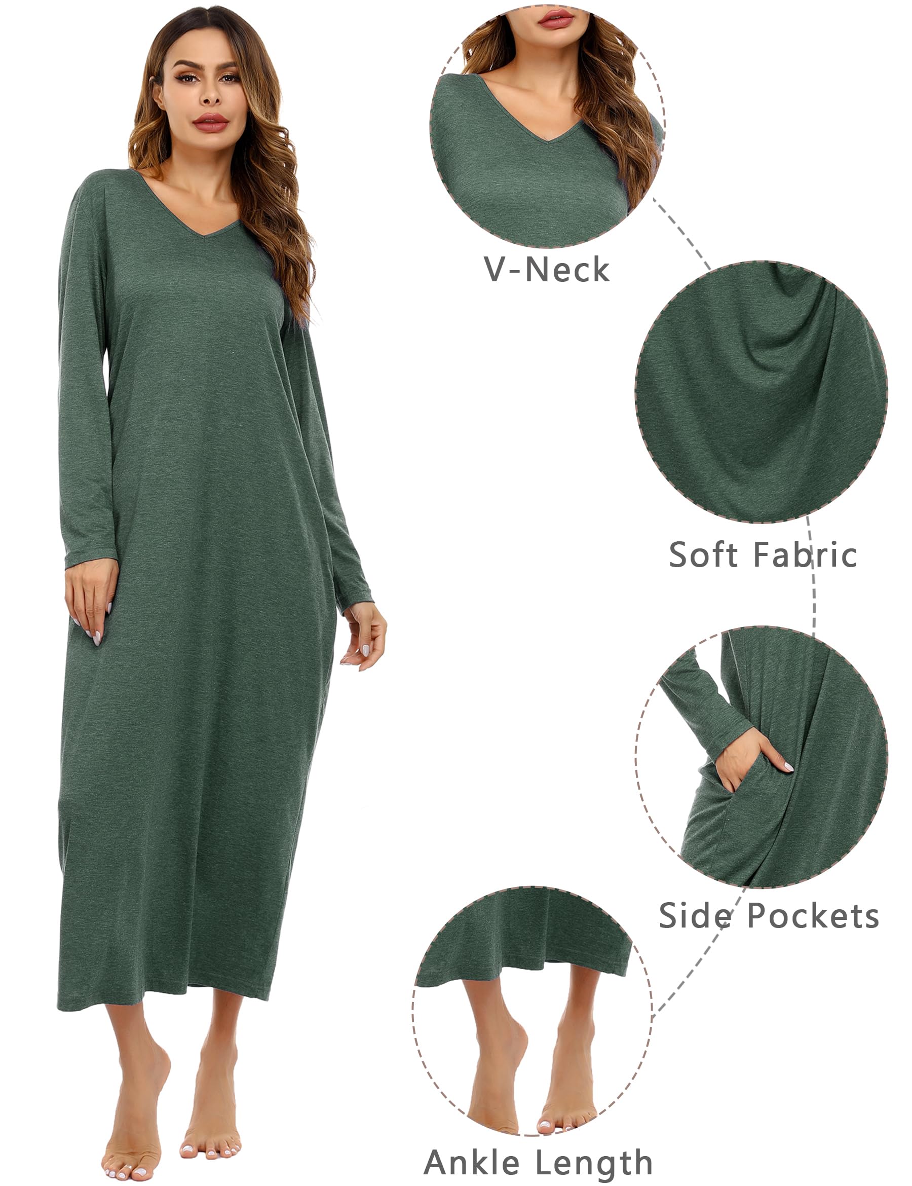Sykooria Camicia da Notte Manica Lunga Donna a V Camice da Notte in Cotone Lungo Camicia da Notte Invernale con Tasche,Pigiama Comodo Ampio Tinta Unita Abbigliamentoda Casa S-3XL