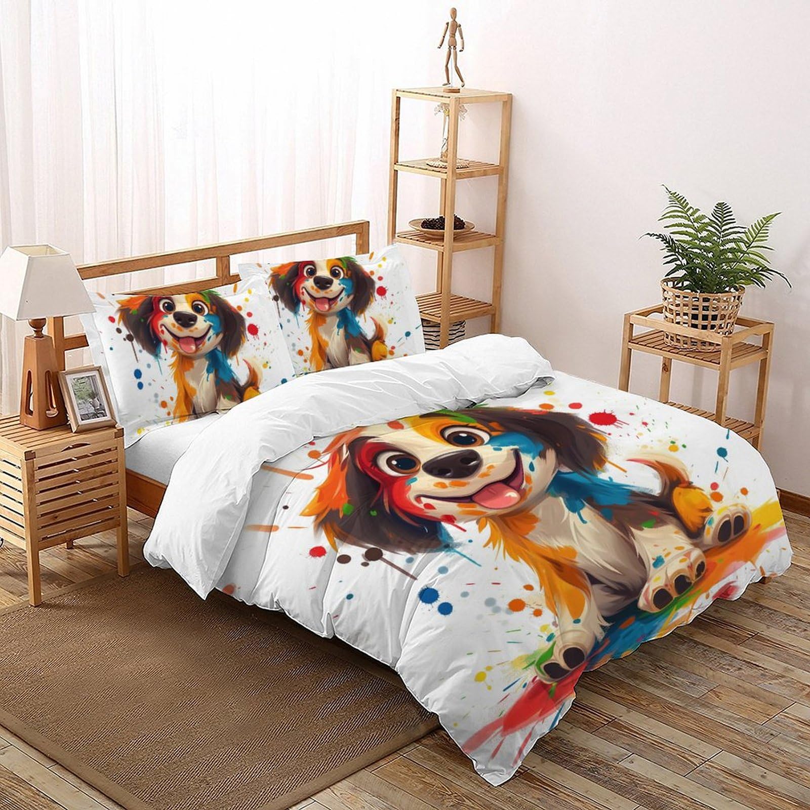 Housse de couette chien microfibre 200x200 parure de lit 3 pièces pour chambre adulte