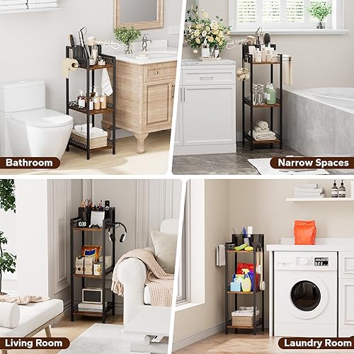 Miniatura 7 de Organizador de estante de baño de 3 niveles con soporte para secador de pelo y gancho para papel higiénico, soporte de metal delgado de 9.85