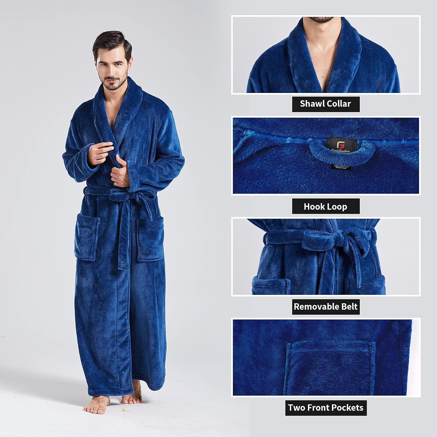 FashGudim Mens Robes Big and Tall Full Length Plush Fleece Long Robe for Men Bathrobe Shawl Collar Warm Winter House Robes - Image 3