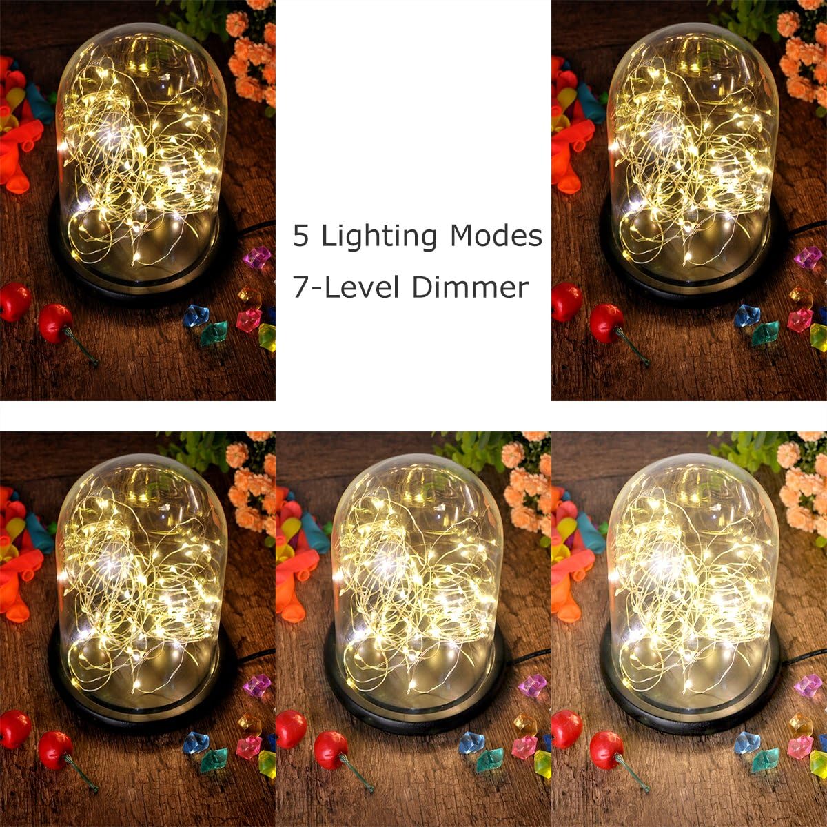 Desktop Glass Bell Jar Dome Cloche Light with LED Fairy Light Table Lamp for Indoor Decoration (80LEDs, Warm White, Dimmable, 5 Modes, 26ft)