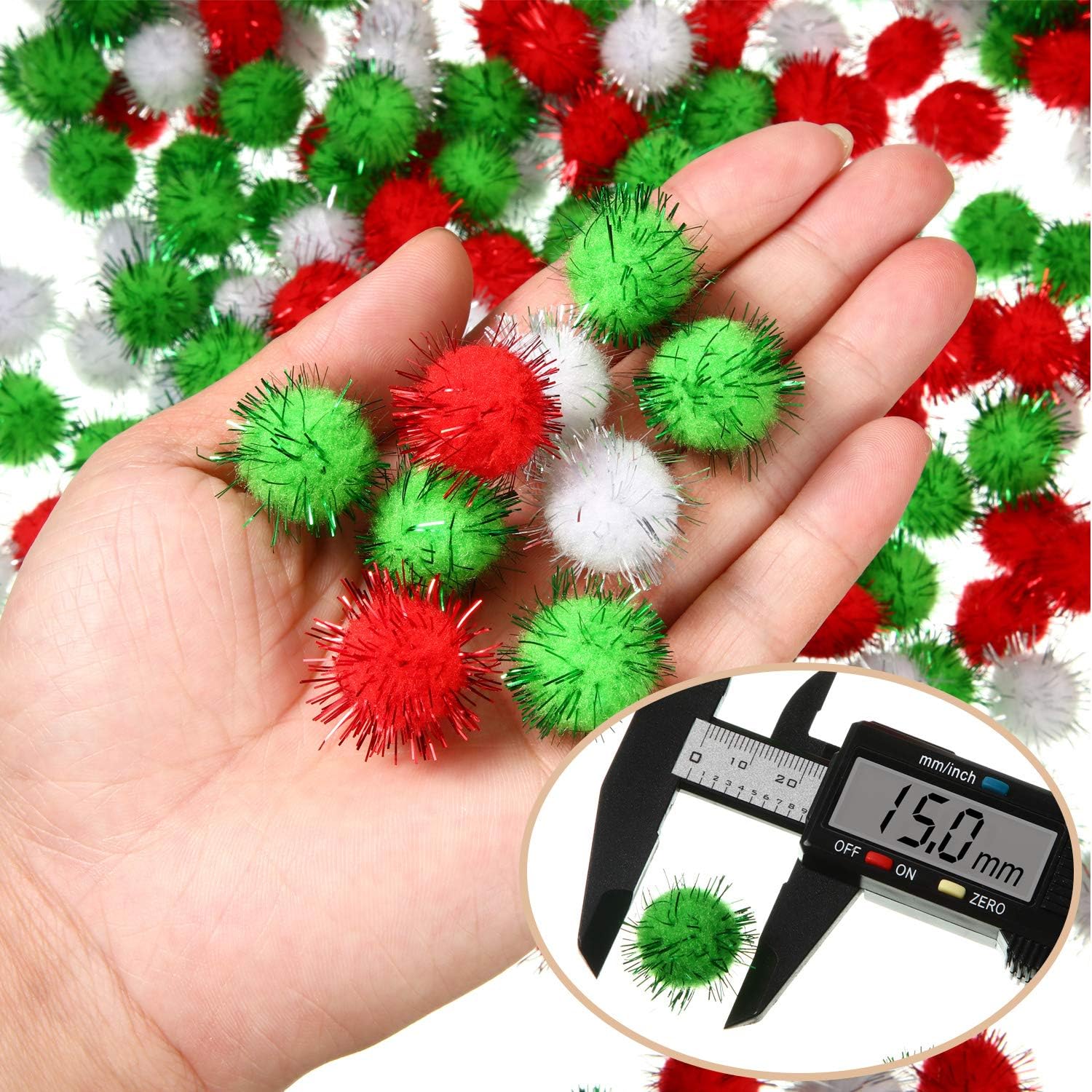 Shappy 1000 Pieces Glitter Pom Poms 0.6 Inch Fuzzy Pompoms Arts and Crafts Balls for Hobby Supplies and Craft DIY Material (White, Fruit Green, Red)