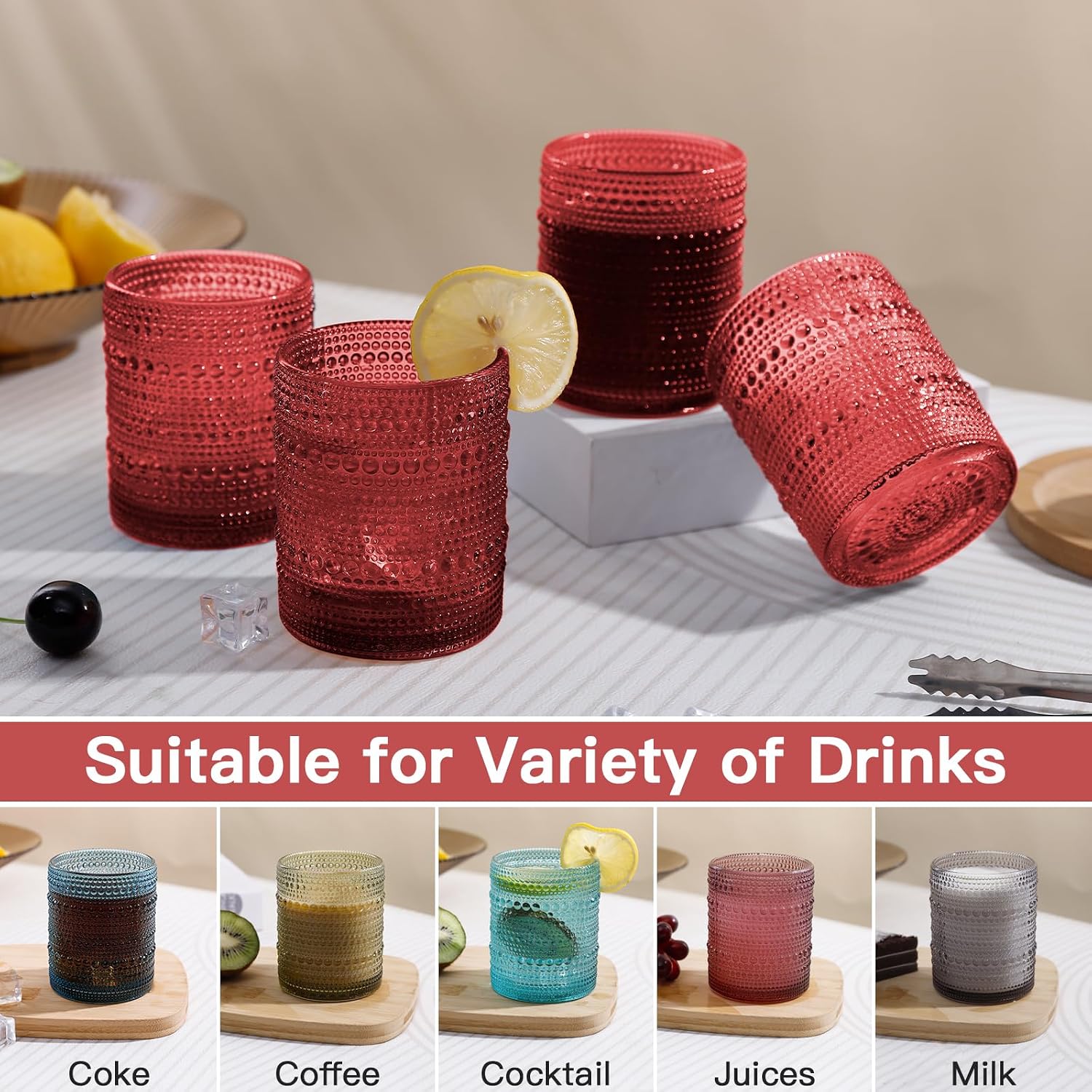 JOVGANK Red Vintage Hobnail Drinking Glasses Set of 6, Embossed Water Tumbler 12oz, Kitchen & Bar Beaded Glass Cups, Beverage Glass Cups for Water, Beer, Juice, Housewarming and Mother's Day Gift image 5