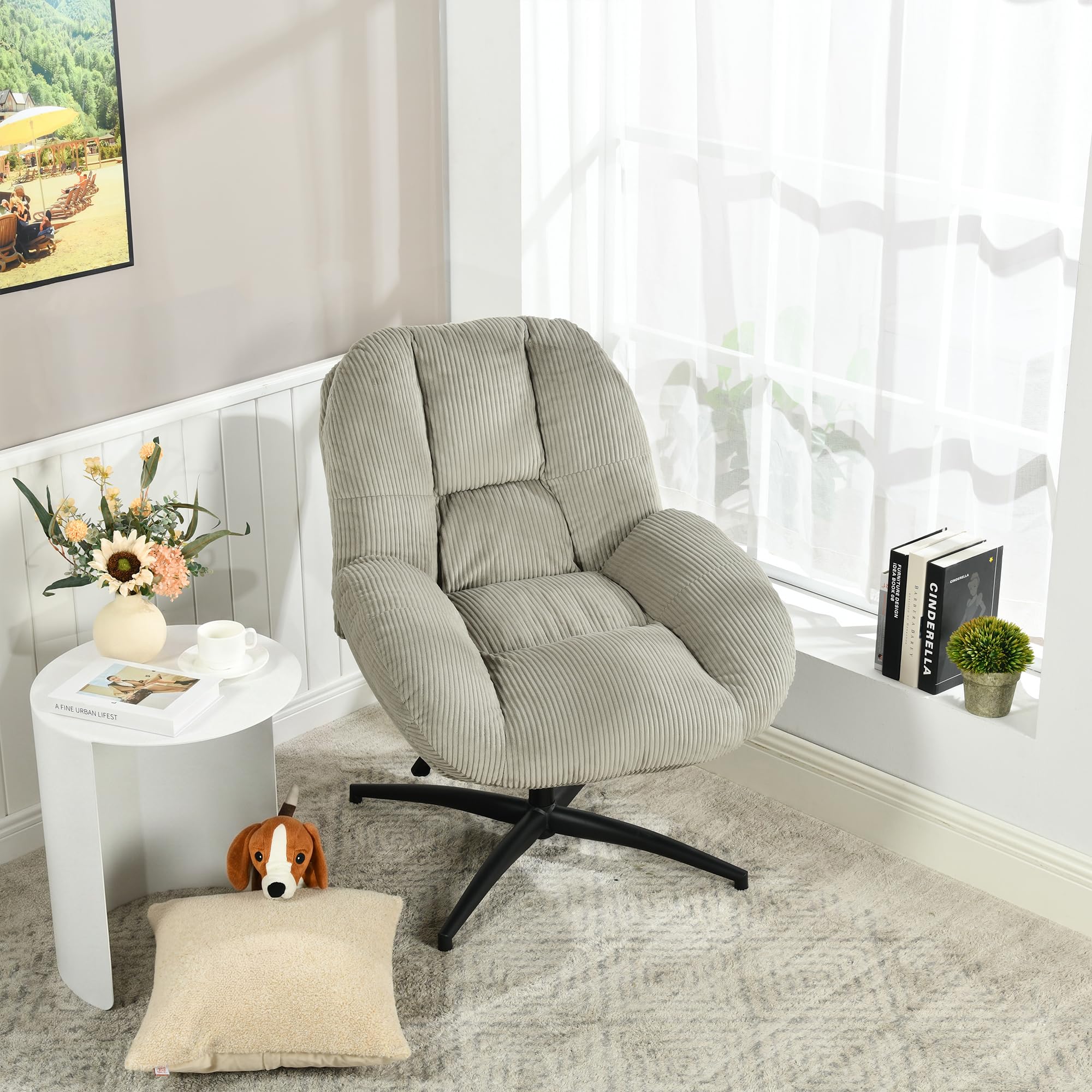 MEUBLE Cosy Sessel Drehbar Loungesessel mit Höhenverstellbar Wippfunktion Lehnstühle Relaxsessel Polsterstuhl für Schlafzimmer Wohnzimmer, Cordstoff, Grau