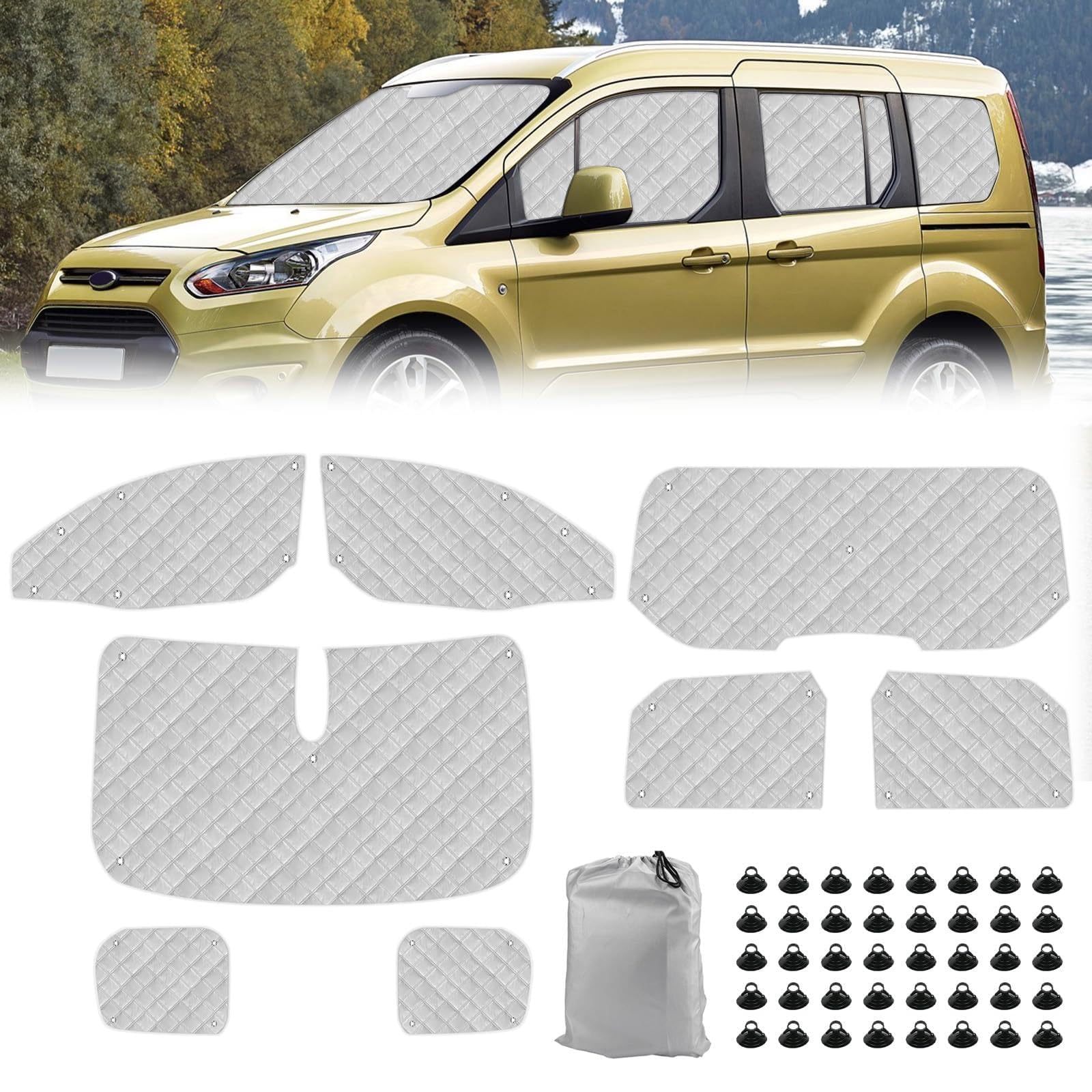 Parabrezza Auto Compatibile con Ford Tourneo Connect (SWB) 2013-2022, 8 Pezzi Tappetino Termico Cabina, Parasole Interna Auto Impermeabile e Pieghevole