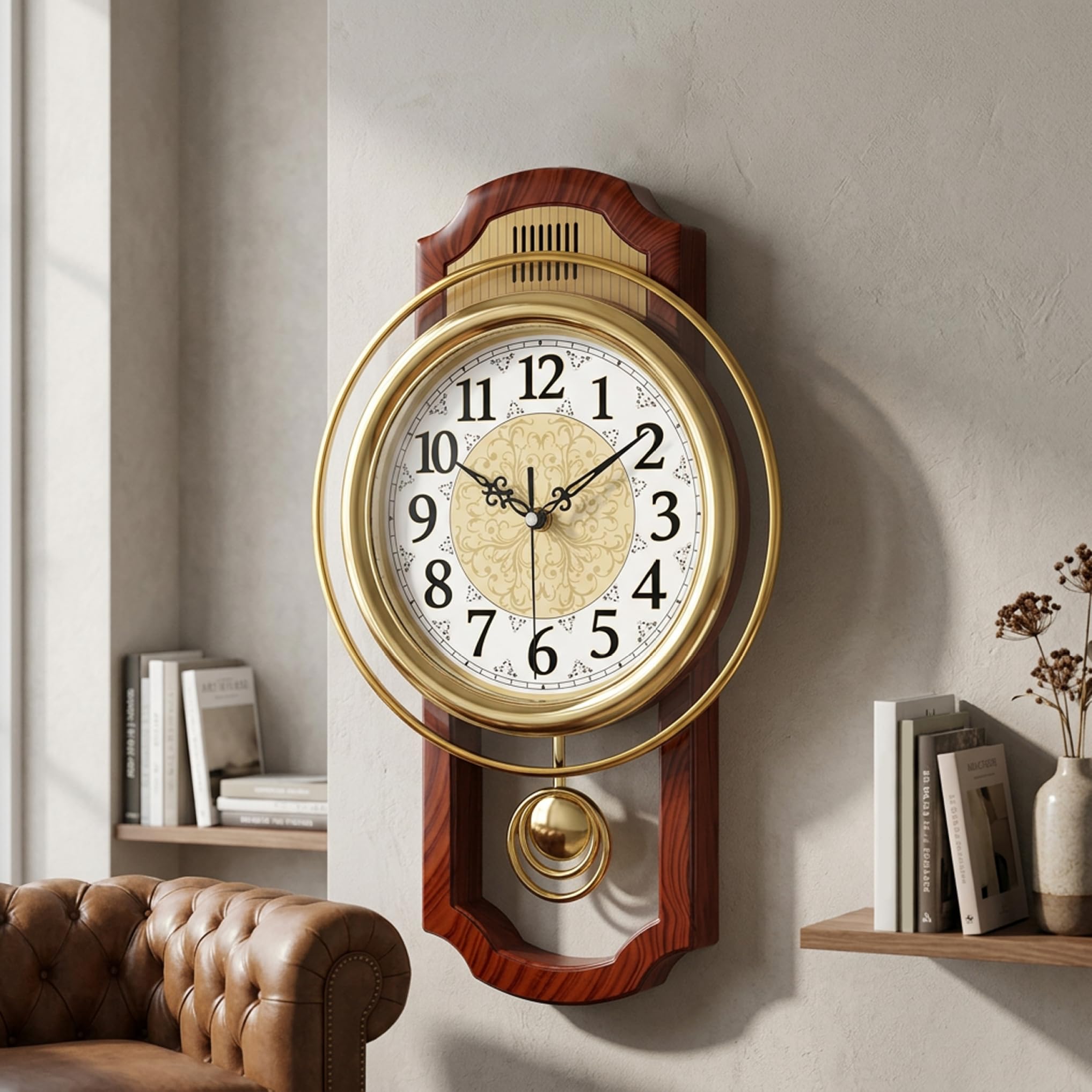 Relojes de Pared para Sala de Estar Reloj de Pared con péndulo Mecanismo de Cuarzo silencioso para Sala de Estar y Dormitorio diseño Cuadrado con Vetas de Madera.