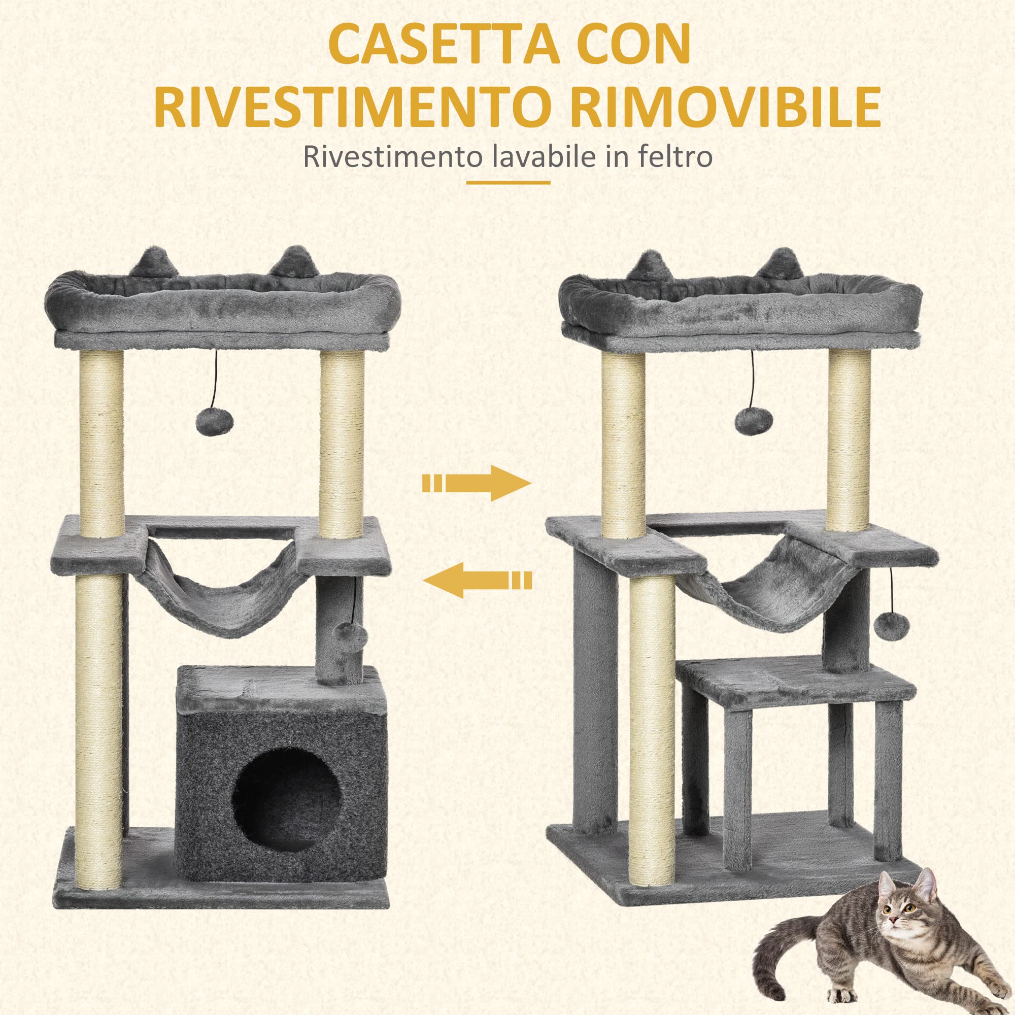 PawHut Albero Tiragraffi per Gatti Adulti, Graffiatoio Castello per Gatti con in Corda Sisal, Casetta, Cuscino e Amaca, 2 Palline, Rivestimento in Peluche e Feltro, Altezza 90cm, Grigio