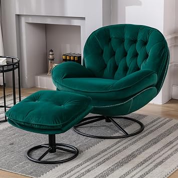 JINS&VICO Swivel Accent Chair Armchair with Ottoman,Velvet Lounge Chair,Comfy Living Room Chair,Lazy Sofa for Bedroom,Apartment,Reading Room,Green
