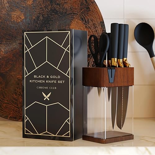 Miniatura 7 de CHROME CLUB Juego de cuchillos de acero inoxidable negro y dorado con bloque, juego de 7 cuchillos de cocina dorados con bloque de cuchillos