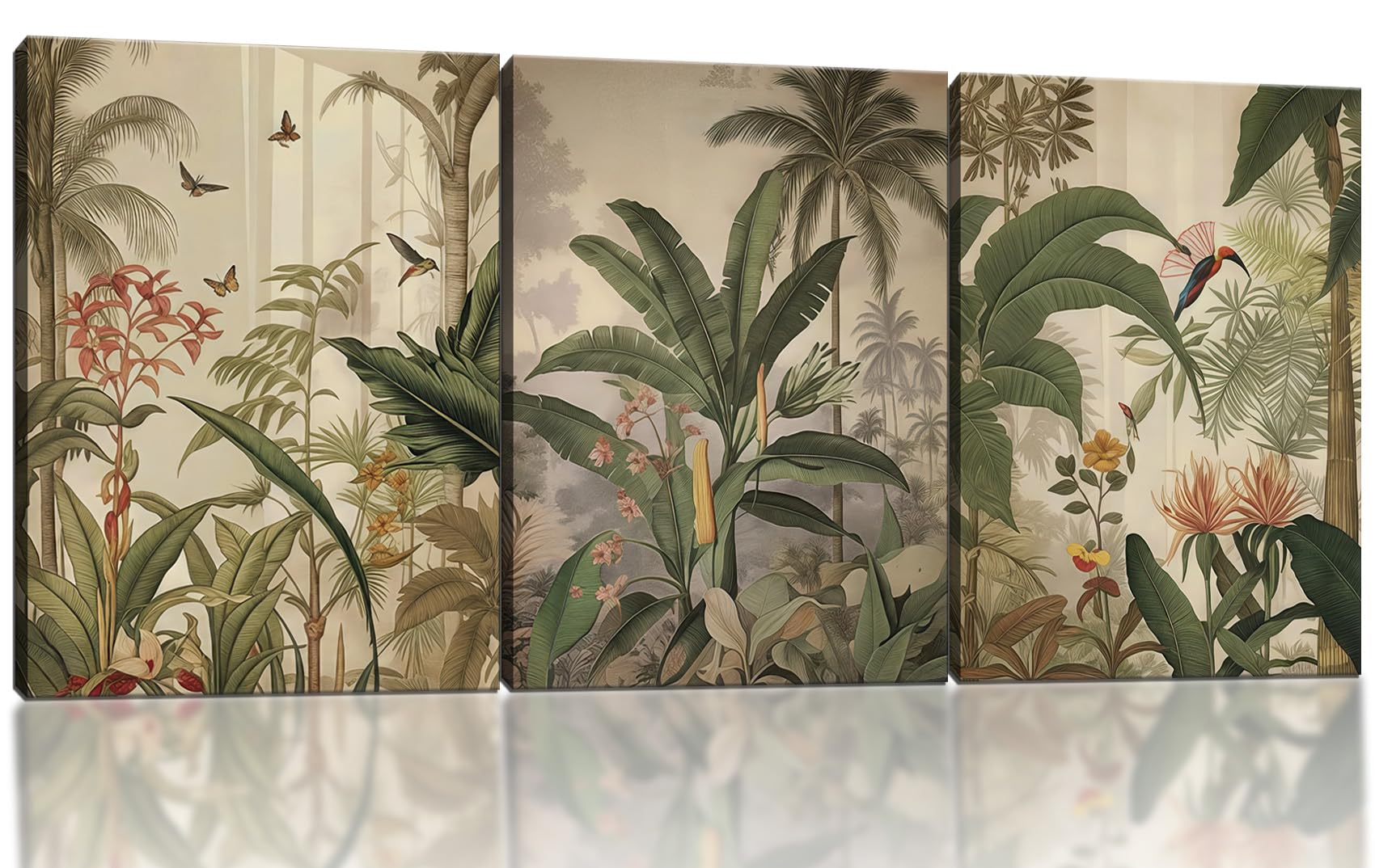 3 Pcs Framed Vintage Canvas Wall Art With Tropical Jungle And Birds Rustic Modern Farmhouse Style Natural Scenery Living Room Bedroom Bathroom