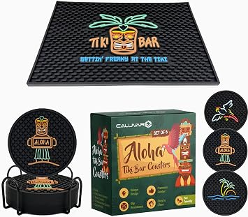 Aloha Tiki Bar Coasters Set of 6 with Holder and Tiki Bar Warrior Head Mat, Outdoor Tiki Bar Rubber Coasters for Drinks and Outdoor Tiki Sign Decor Mat 18x12 in