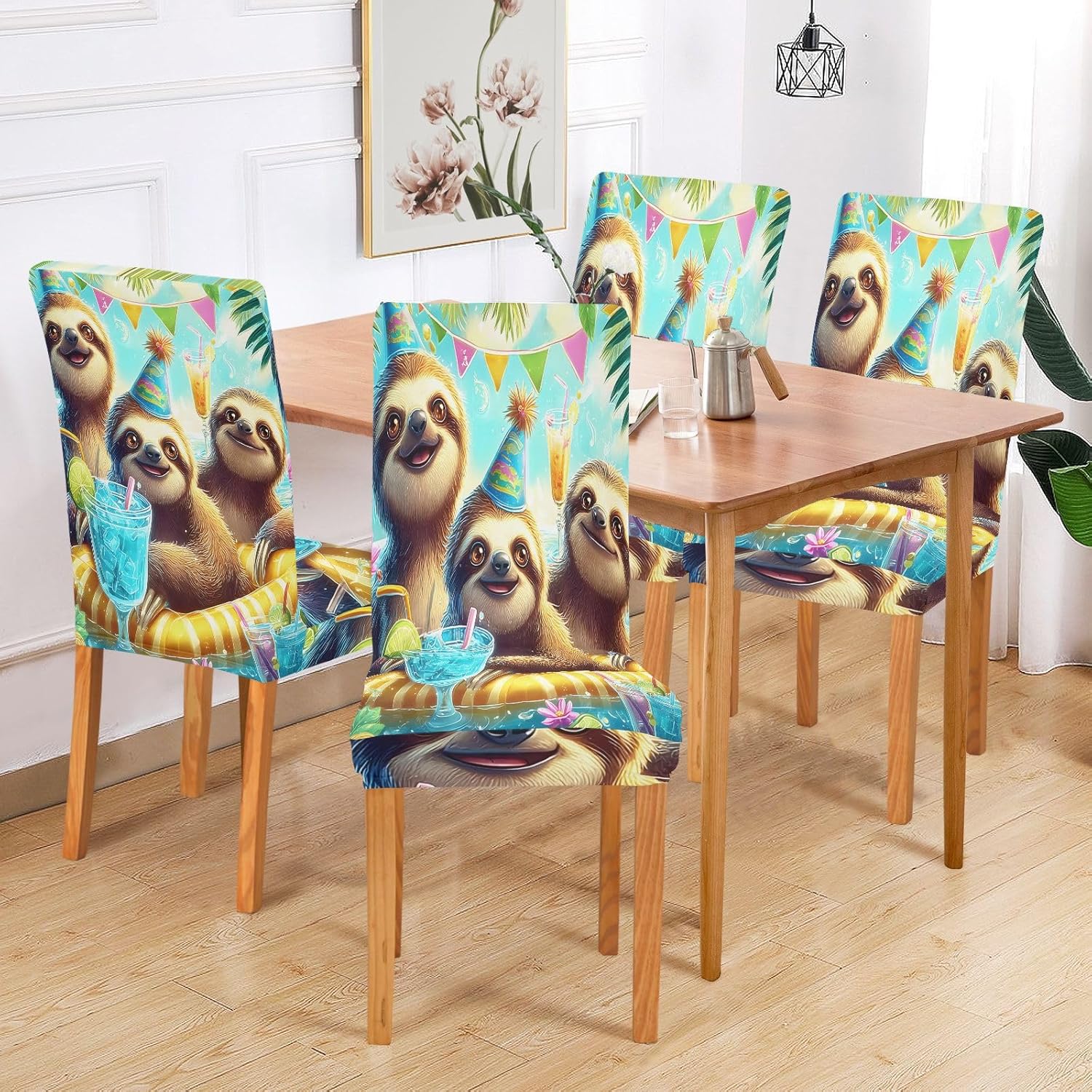 ALAZA Chair Covers for Dining Room, Threes Sloth Summer Stretch Chair Cover Sets Chair Protector Removable Washable for Ktichen Restaurant Hotel