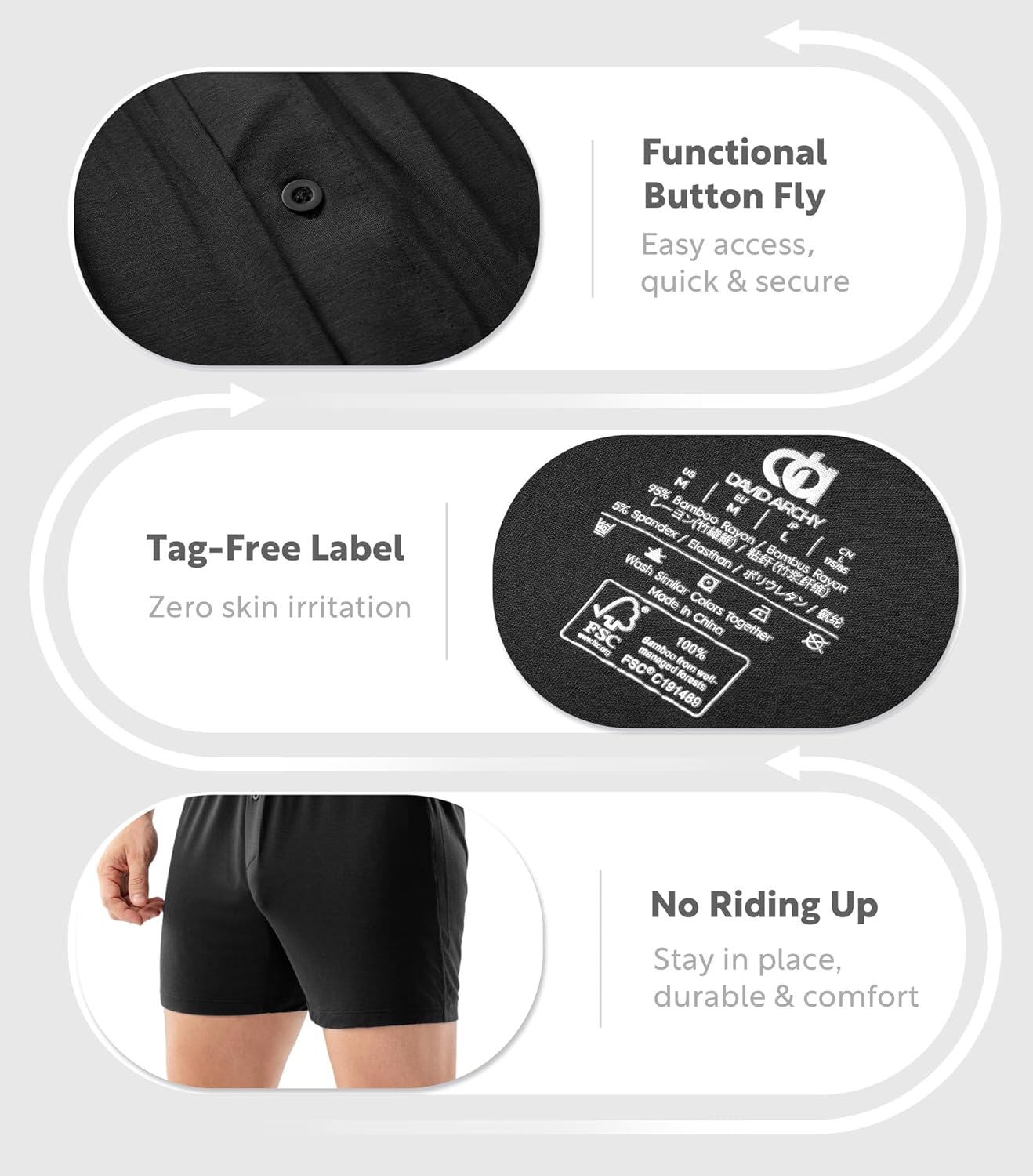 DAVID ARCHY Men's Boxer Shorts Bamboo Rayon Breathable & Cool Boxer for Men Loose Fit Men's Underwear with Fly 3 or 5 Pack - Image 5