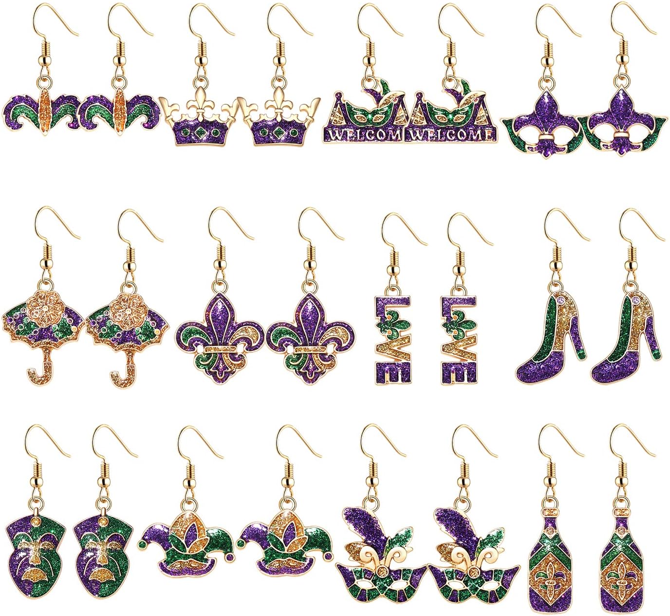 12 Pairs Mardi Gras Earrings Bulk for Women ,Glitter Fleur De Lis Feather Mask Crown Jester Hat Dangling Earrings Set ,Fun Y2K Boot Champagne Bottle Umbrella Skull Hook Dangle Earrings ,Hypoallergenic Carnival Festival Party Earrings Jewelry Accessories for Fat Tuesday Holiday Gift