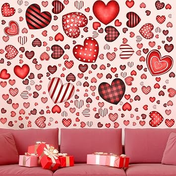 6 Sheets/ 214 Pcs Valentines Day Wall Decals Removable Love Heart Wall Stickers Red Heart Window Stickers Wedding Anniversary Romantic Love Decoration for Holiday Living Room Home Kitchen Art Decor