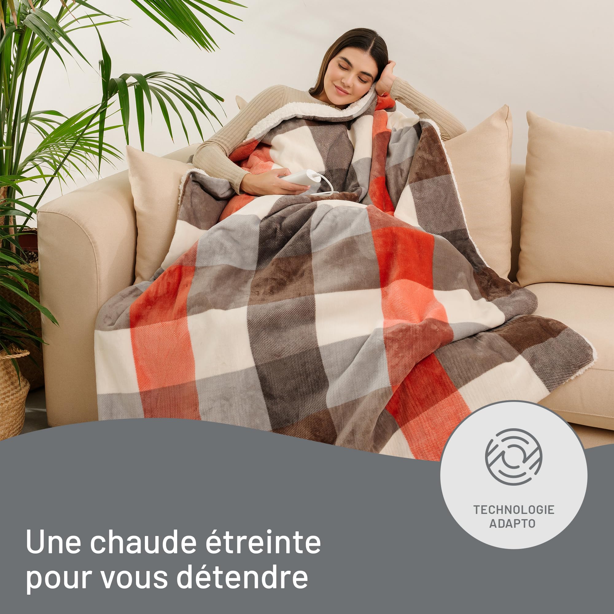 Imetec Couverture Chauffante Adapto Tartan Festival - Plaid Chauffant 160x120 cm - Chauffage Rapide - 6 Températures - Tissu Velours et Sherpa Doux, Sécurité Anti-Surchauffe - Lavable en Machine
