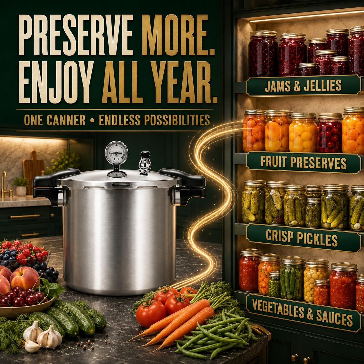 24 QT Pressure Canner for Induction and Gas, 14.5 PSI Precision Pressure Cooker for Canning, includes 2 Stainless Steel & 1 Aluminum Steamer Racks, 7-Piece Canning Supplies Starter Kit