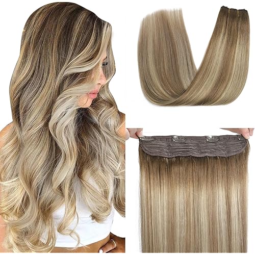 XDhair Wire Hair Extensions 70g 16 Inch Hairpiece Balayage Blonde Real Human Hair Extensions with Invisible Secret Fish Wire,Walnut Brown to Ash Brown and Blonde #3/8/22 16 Inch