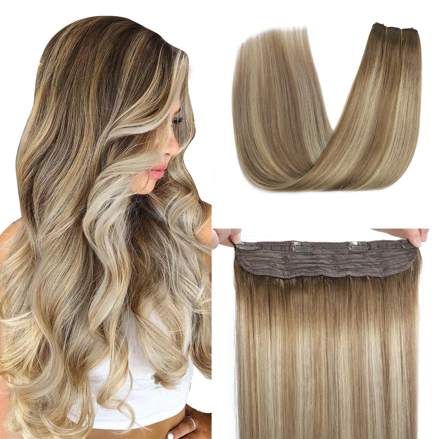 XDhair Wire Hair Extensions Real Human Hair 70g 14 Inch Hairpiece Balayage Walnut Brown to Ash Brown and Blonde Invisible Fish Wire Hair Extensions for Women#3/8/22 14 Inch