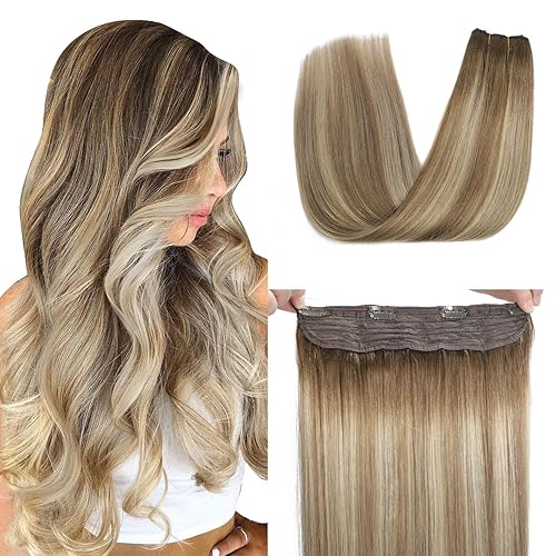 Miniatura 13 de XDhair - Extensiones de cabello con hilo invisible de cabello humano real, 18 pulgadas, 85 g, color balayage, de marrón chocolate a rubio caramelo