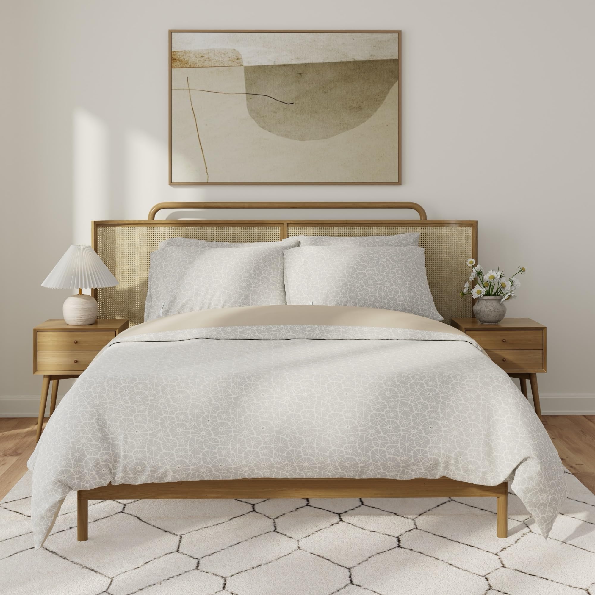QuickZip Duvet Cover with Zipper Closure – Ultra Soft Long-Staple 100% Cotton, Oeko-Tex Certified, Durable Interior Corner Ties, Corner Clips, Full/Queen, Reversible Bloom/Sand (Sateen)